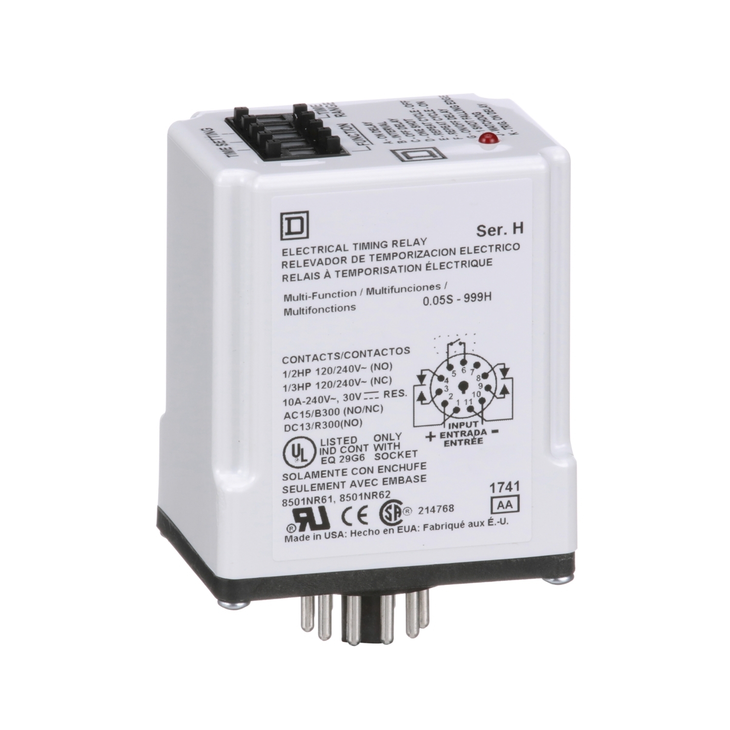 9050JCK70V14 Type JCK Class 9050 Electronic Timing Relay, 1 to 999 min Setting, 240 V AC, 11 Pin, 2NO-2NC 2 Form C DPDT Contact