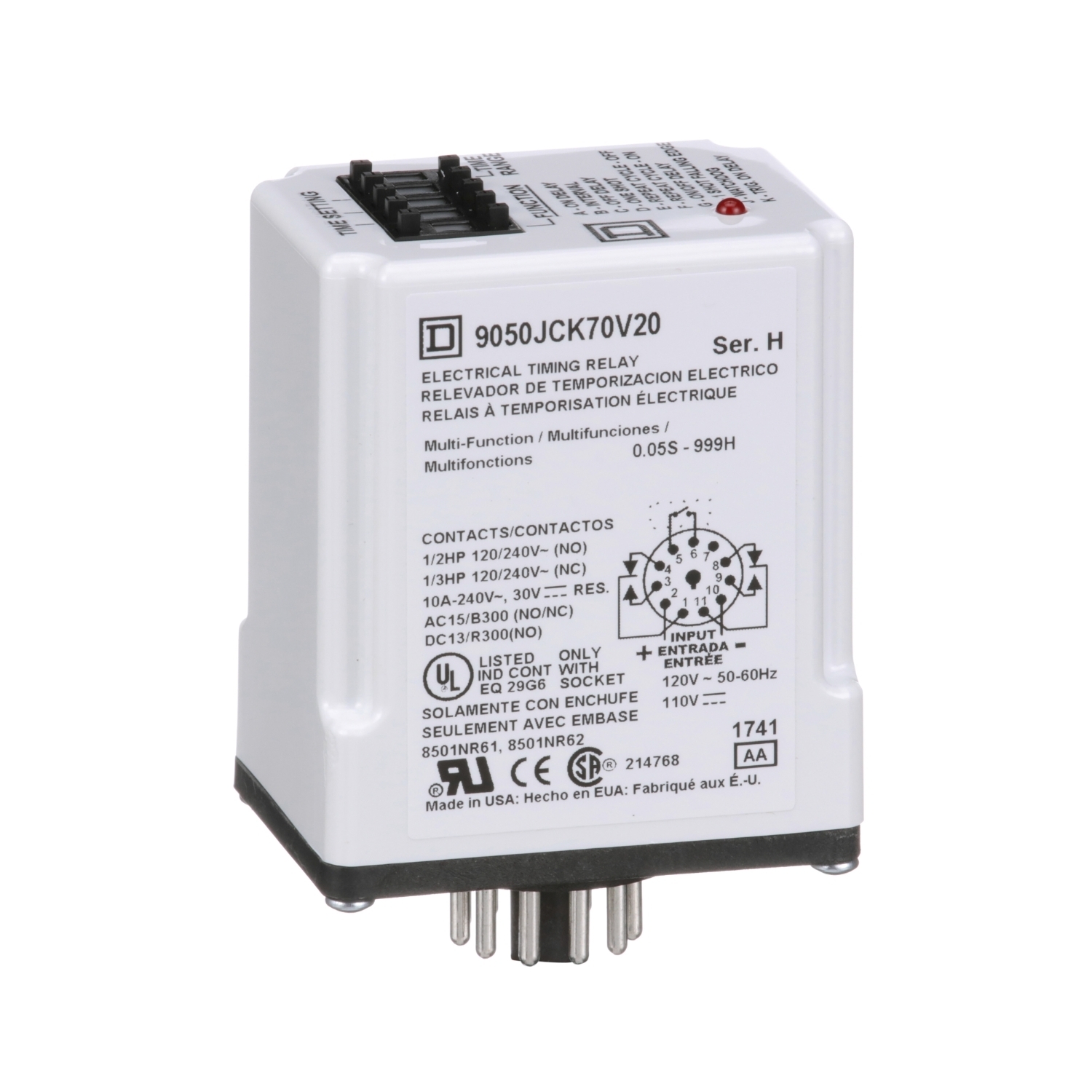 9050JCK70V20 Type JCK Timing Relay, 1 to 999 min Setting, 240 V AC, 11 Pin, 2NO-2NC 2 Form C DPDT Contact