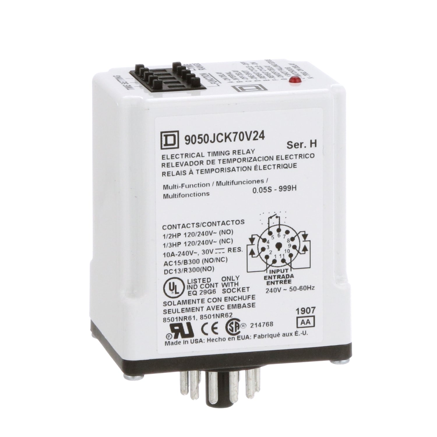 9050JCK70V24 Type JCK Class 9050 Electronic Timing Relay, 1 to 999 min Setting, 240 V AC, 11 Pin, 2NO-2NC 2 Form C DPDT Contact