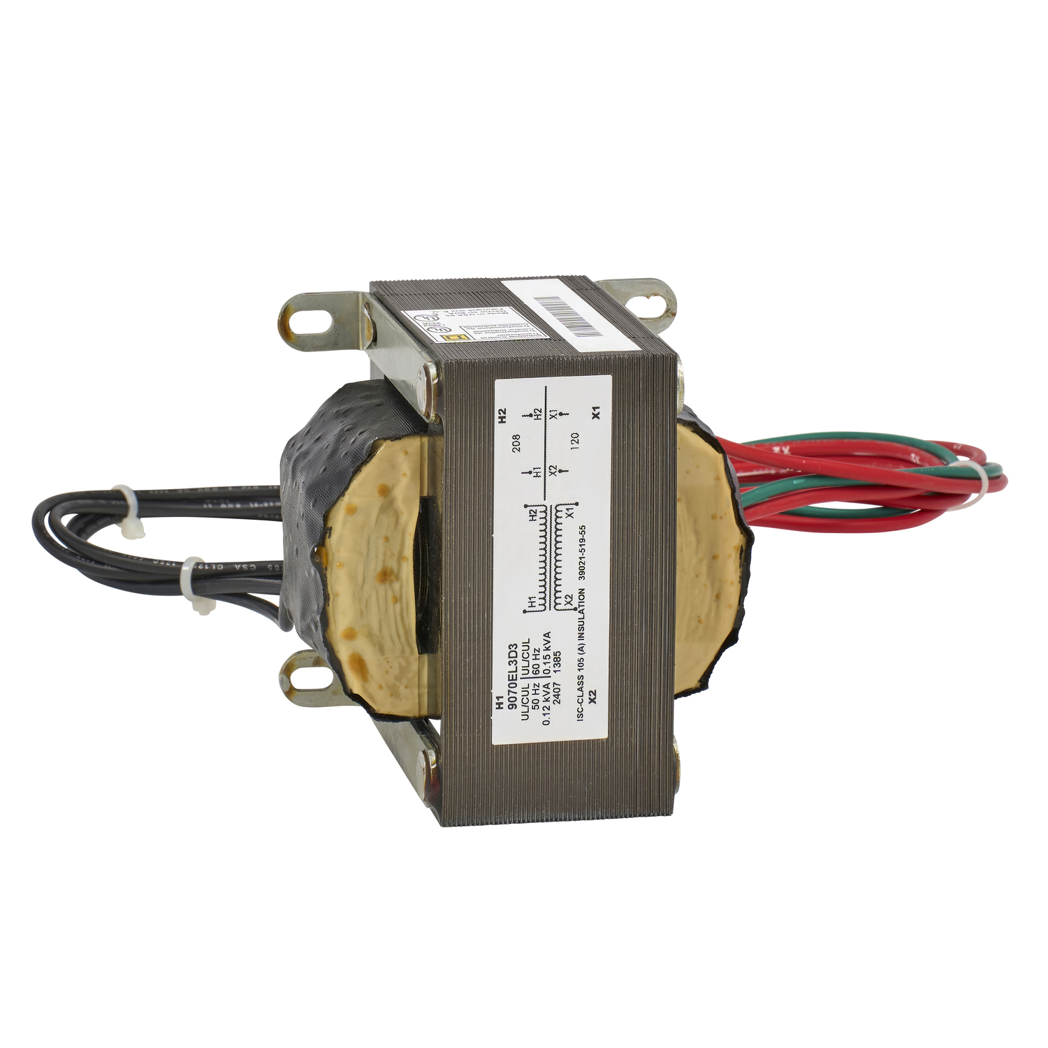 9070EL3D3 Type EL Control Transformer With 24 in Lead, 208 V Primary, 120 V Secondary, 150 VA Power Rating, 1 Phase
