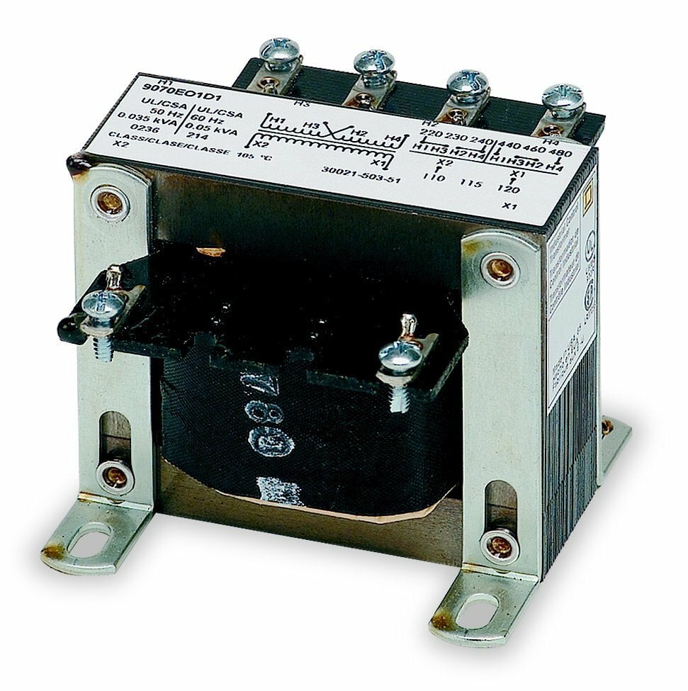 9070EO1D2 Type EO Control Transformer, 240/480 V AC Primary, 120 VAC Secondary, 50 VA at 60 Hz/35VA at 50 Hz Power Rating, 60/50 Hz, 1 Phase