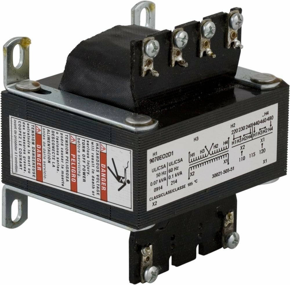 9070EO3D12 Type EO Control Transformer, 480 V AC Primary, 120 VAC Secondary, 150 VA at 60 Hz/120 VA at 50 Hz Power Rating, 60/50 Hz, 1 Phase