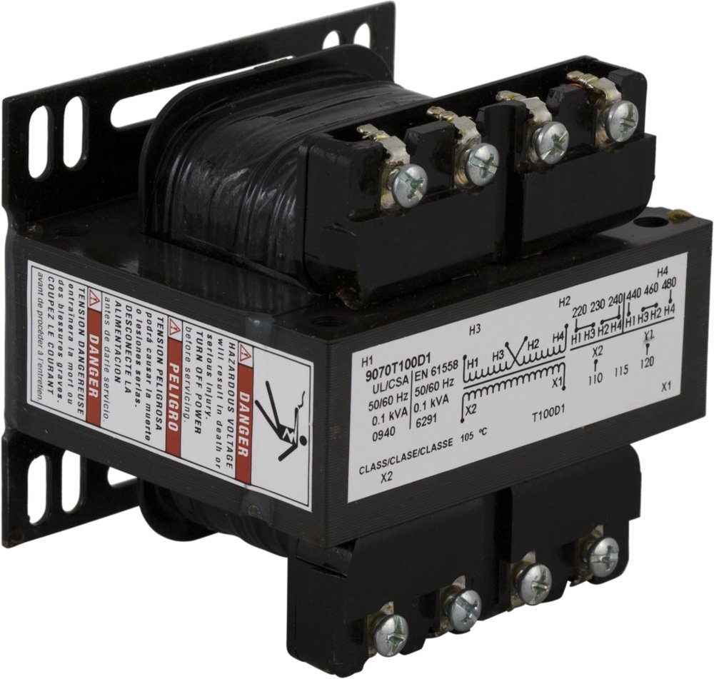 9070T100D12 Type T Control Transformer, 480 V AC Primary, 240 VAC Secondary, 100 VA Power Rating, 50/60 Hz, 1 Phase