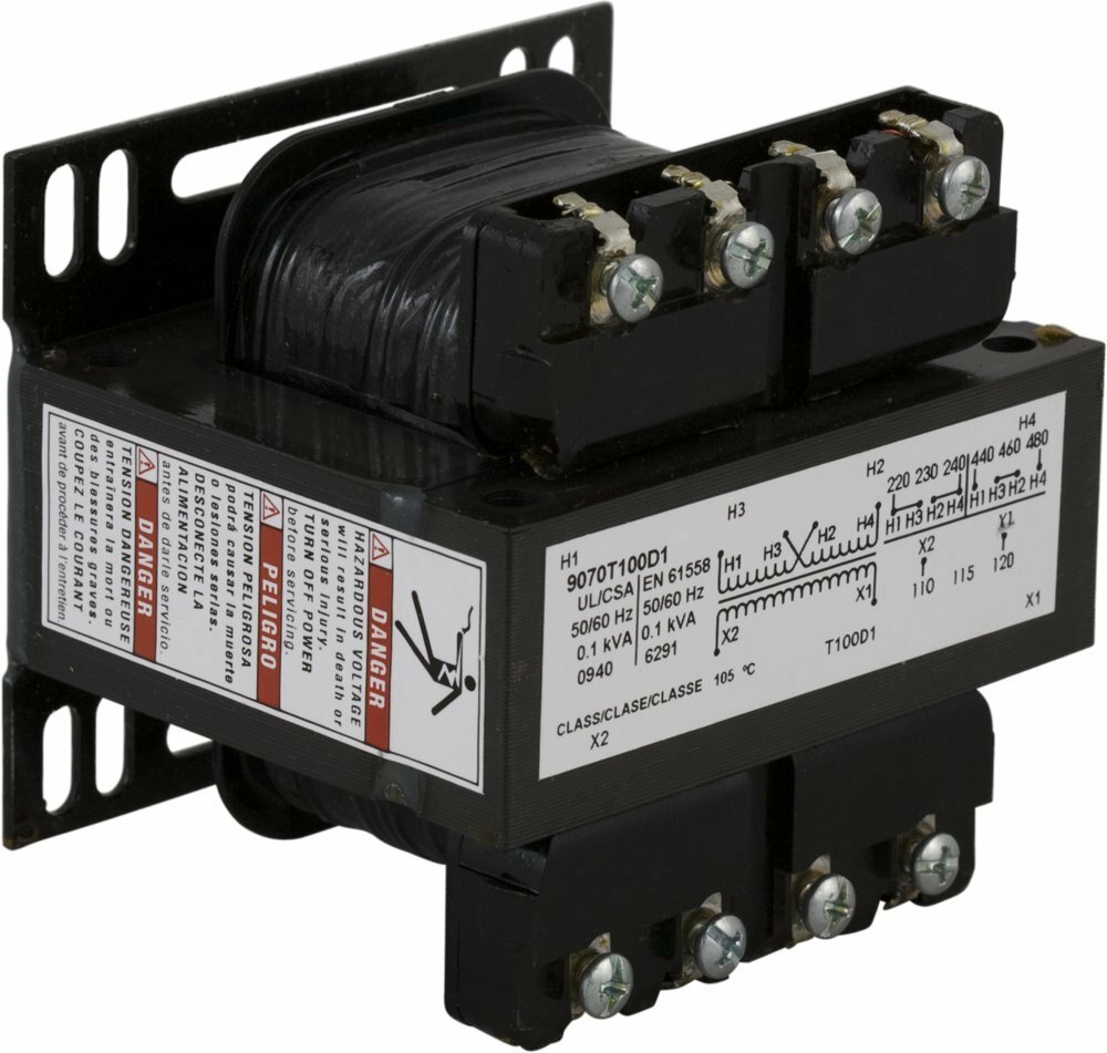 9070T100D95 Type T Control Transformer, 208/240/480 V AC Primary, 120 VAC Secondary, 100 VA Power Rating, 50/60 Hz, 1 Phase