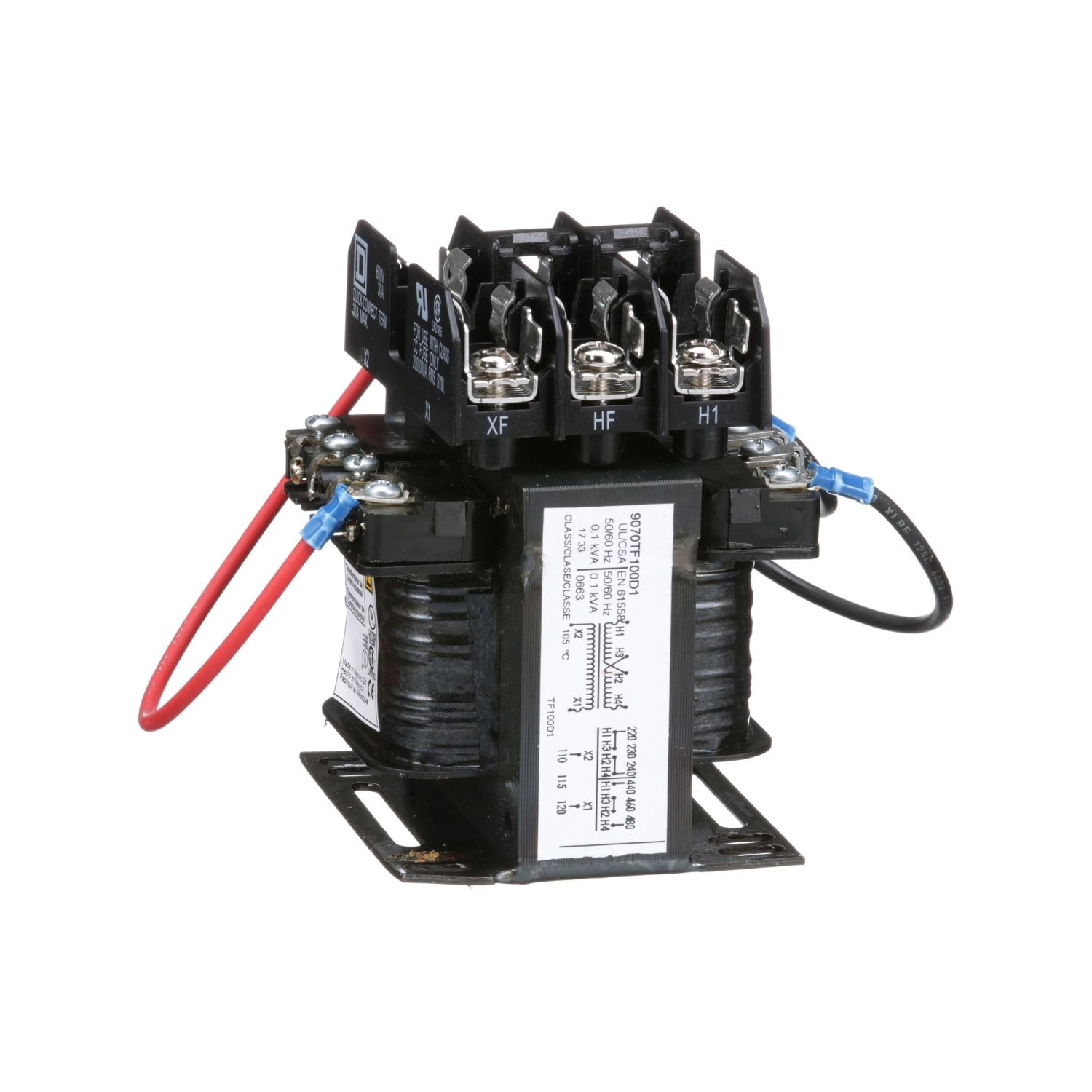 9070TF100D1 Type TF Industrial Open Style Control Transformer, 240/480/230/460/220/440 V AC Primary, 110/115/120 VAC Secondary, 100 VA Power Rating, 50/60 Hz, 1 Phase