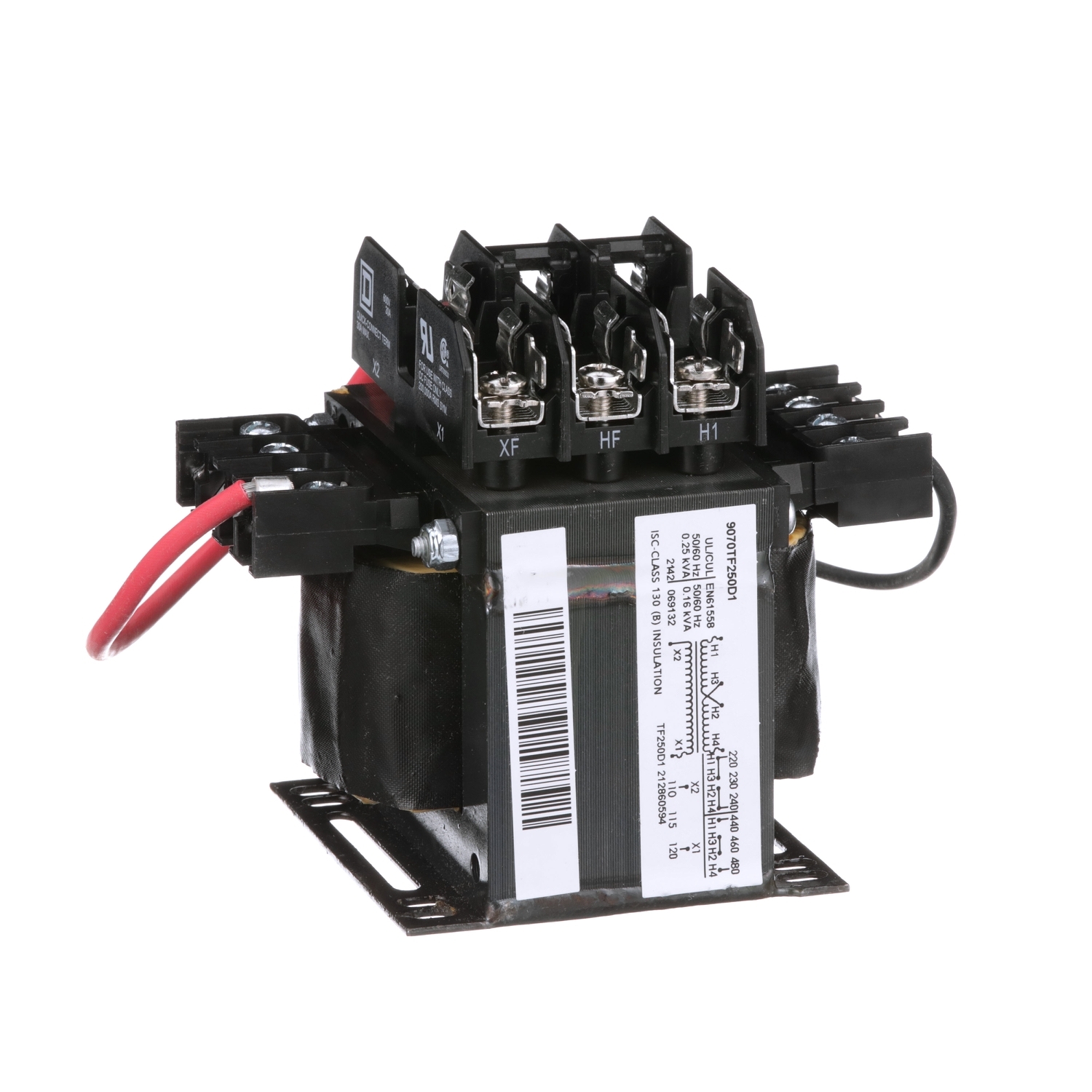 9070TF250D1 Type TF Industrial Open Style Control Transformer, 240/480/230/460/220/440 V AC Primary, 110/115/120 VAC Secondary, 250 VA Power Rating, 50/60 Hz, 1 Phase