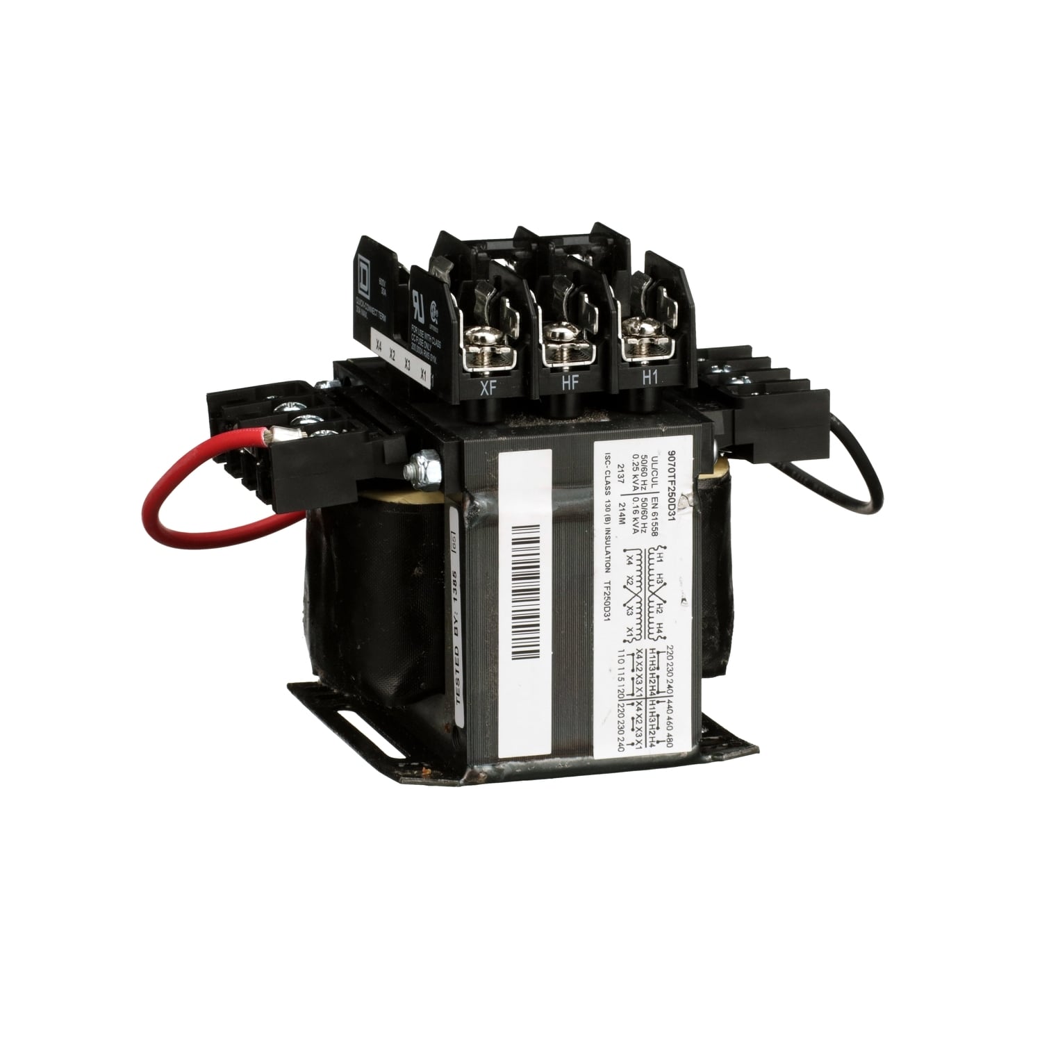 9070TF250D31 Type TF Industrial Control Transformer, 240 x 480/230 x 460/220 x 440 V Primary, 120/240 V Secondary, 250 VA Power Rating, 1 Phase