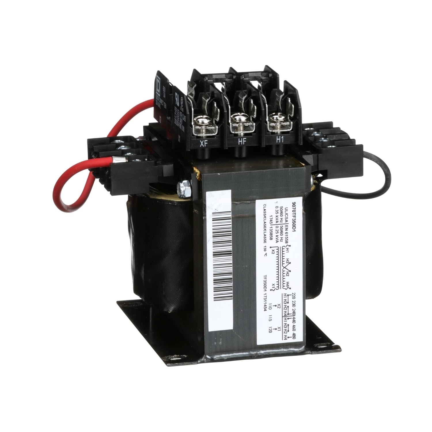 9070TF350D1 Type TF Industrial Control Transformer, 240 x 480, 230 x 460, 220 x 440 V AC Primary, 110/115/120 VAC Secondary, 350 VA Power Rating, 50/60 Hz, 1 Phase