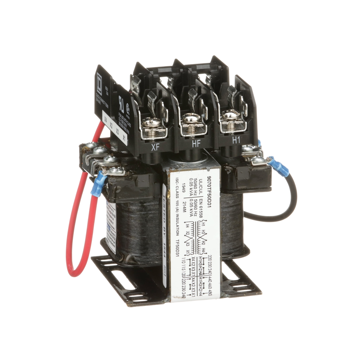 9070TF50D31 Type TF Industrial Open Style Control Transformer, 240 x 480/230 x 460/220 x 440 V AC Primary, 110/240 VAC Secondary, 50 VA Power Rating, 50/60 Hz, 1 Phase