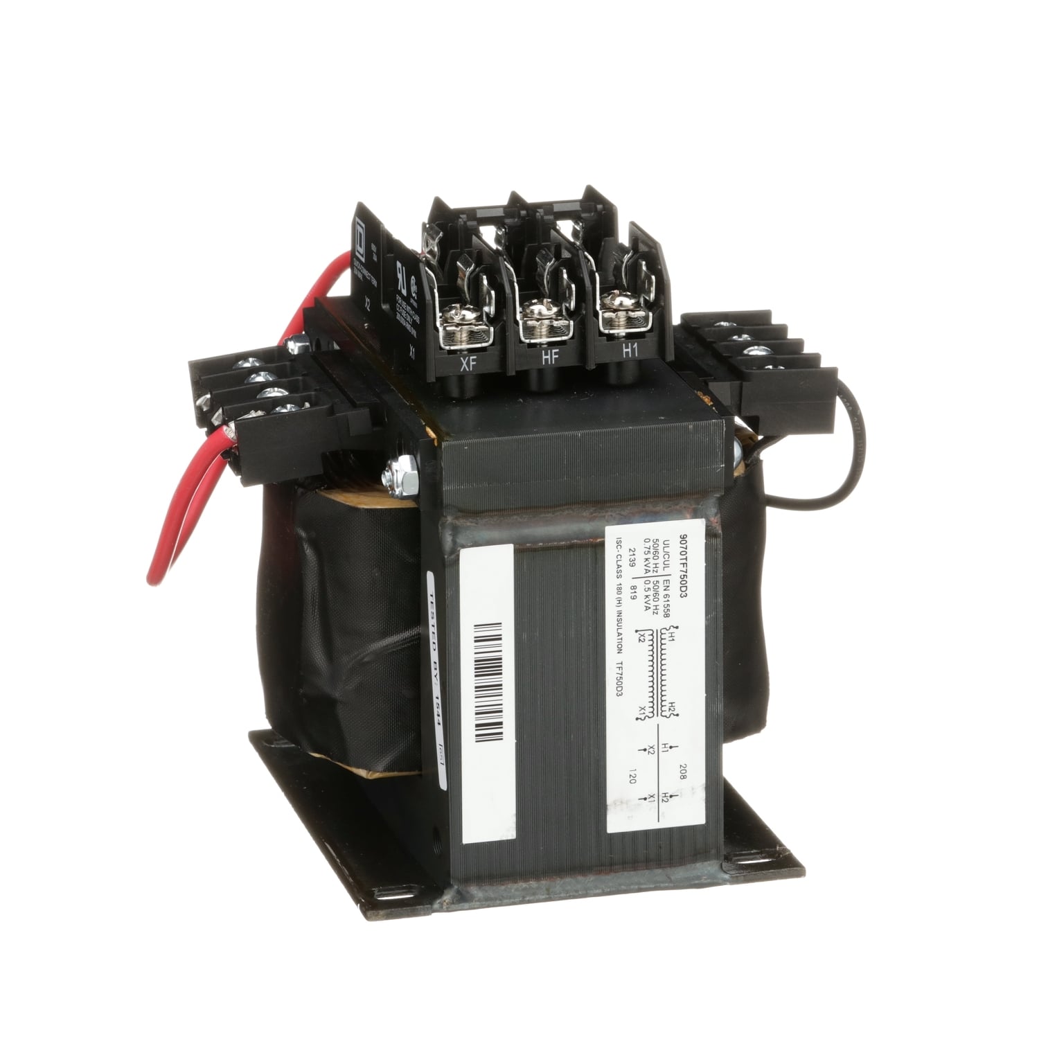 9070TF750D3 Type TF Industrial Control Transformer, 208 V AC Primary, 120 VAC Secondary, 750 VA Power Rating, 50/60 Hz, 1 Phase