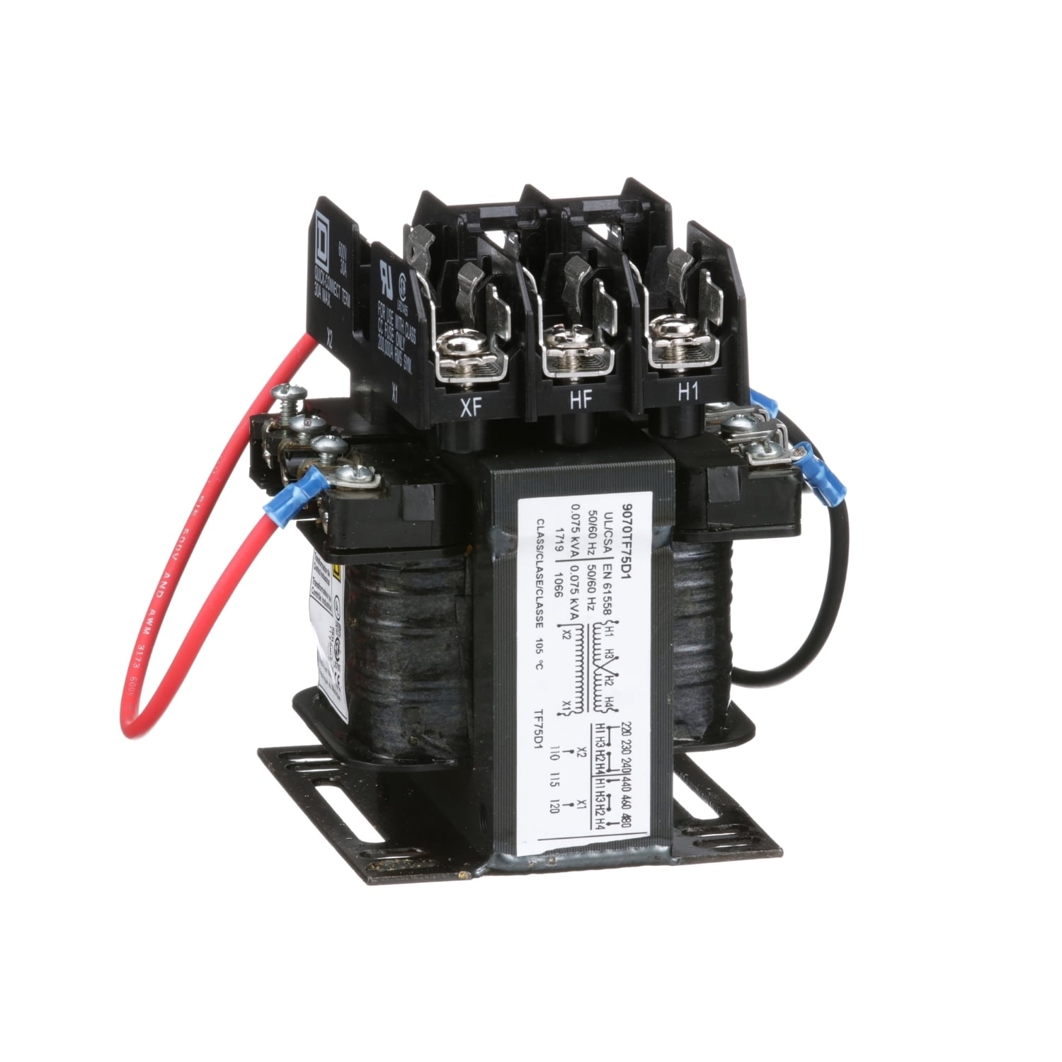 9070TF75D1 Type TF Industrial Open Style Control Transformer, 240/480/230/460/220/440 V AC Primary, 110/115/120 VAC Secondary, 75 VA Power Rating, 50/60 Hz, 1 Phase