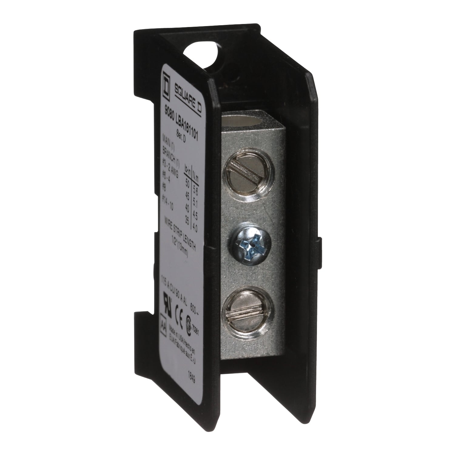 9080LBA161101 Linergy High Impact Miniature Power Distribution Block, 600 V AC/DC, 90/115 A, 1 Poles, (1) 14 to 2 AWG, (4) 14 to 2 AWG Wire, Thermoplastic