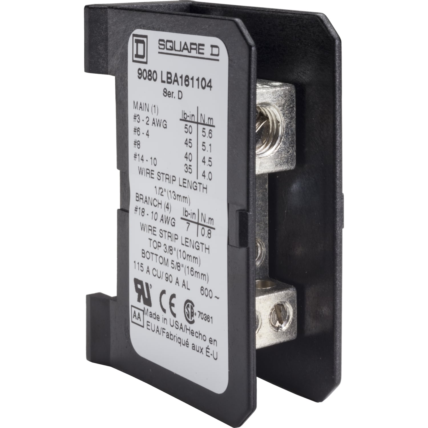 9080LBA161104 TeSys Linergy Linergy Miniature Power Distribution Block, 600 V AC/DC, 90/115 A, 1 Poles, 14 to 2 AWG, 18 to 10 AWG Wire, Thermoplastic