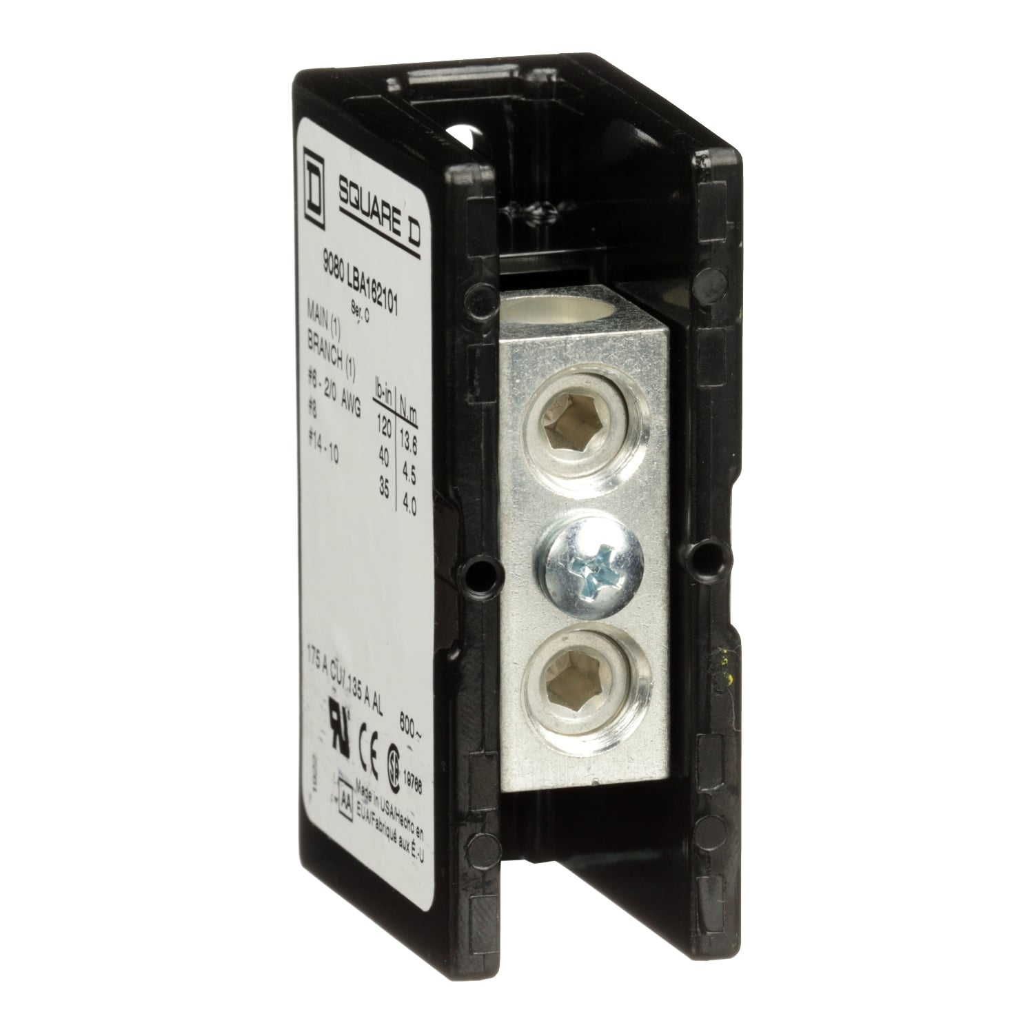 9080LBA162101 TeSys Linergy General Purpose Standard Power Distribution Block, 600 V AC/DC, 135/175 A, 1 Poles, 14 to 2/0 AWG Wire, Phenolic