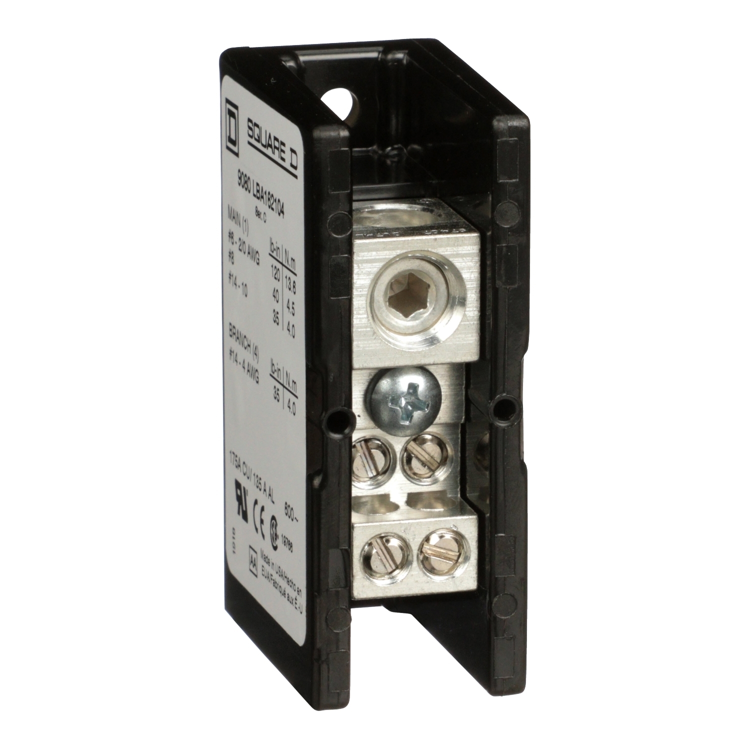 9080LBA162104 TeSys Linergy Linergy Power Distribution Block, 600 V AC/DC, 135/175 A, 1 Pole, 14 to 2/0 AWG/14 to 4 AWG Wire, Phenolic