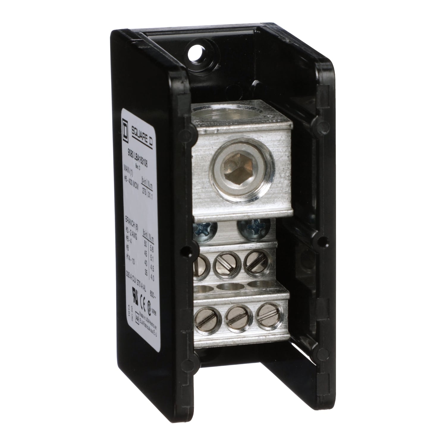 9080LBA163106 TeSys Linergy General Purpose Linergy Standard Power Distribution Block, 600 V AC/DC, 270/335 A, 1 Poles, (1) 6 AWG to 400 kcmil, (6) 14 to 2 AWG Wire, Phenolic
