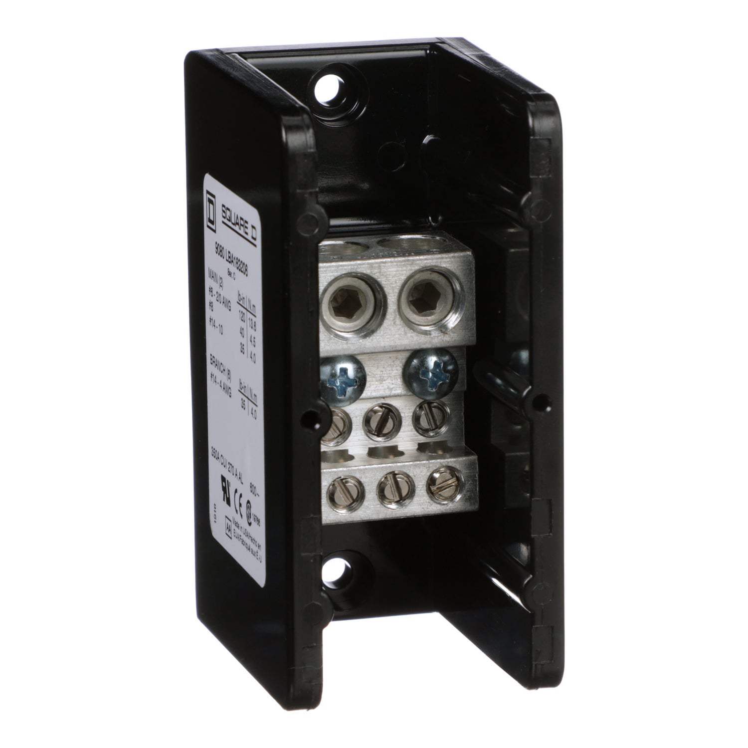 9080LBA163206 Linergy General Purpose Standard Power Distribution Block, 600 V AC/DC, 270/350 A, 1 Poles, (2) 14 to 2/0 AWG, (6) 14 to 4 AWG Wire, Phenolic