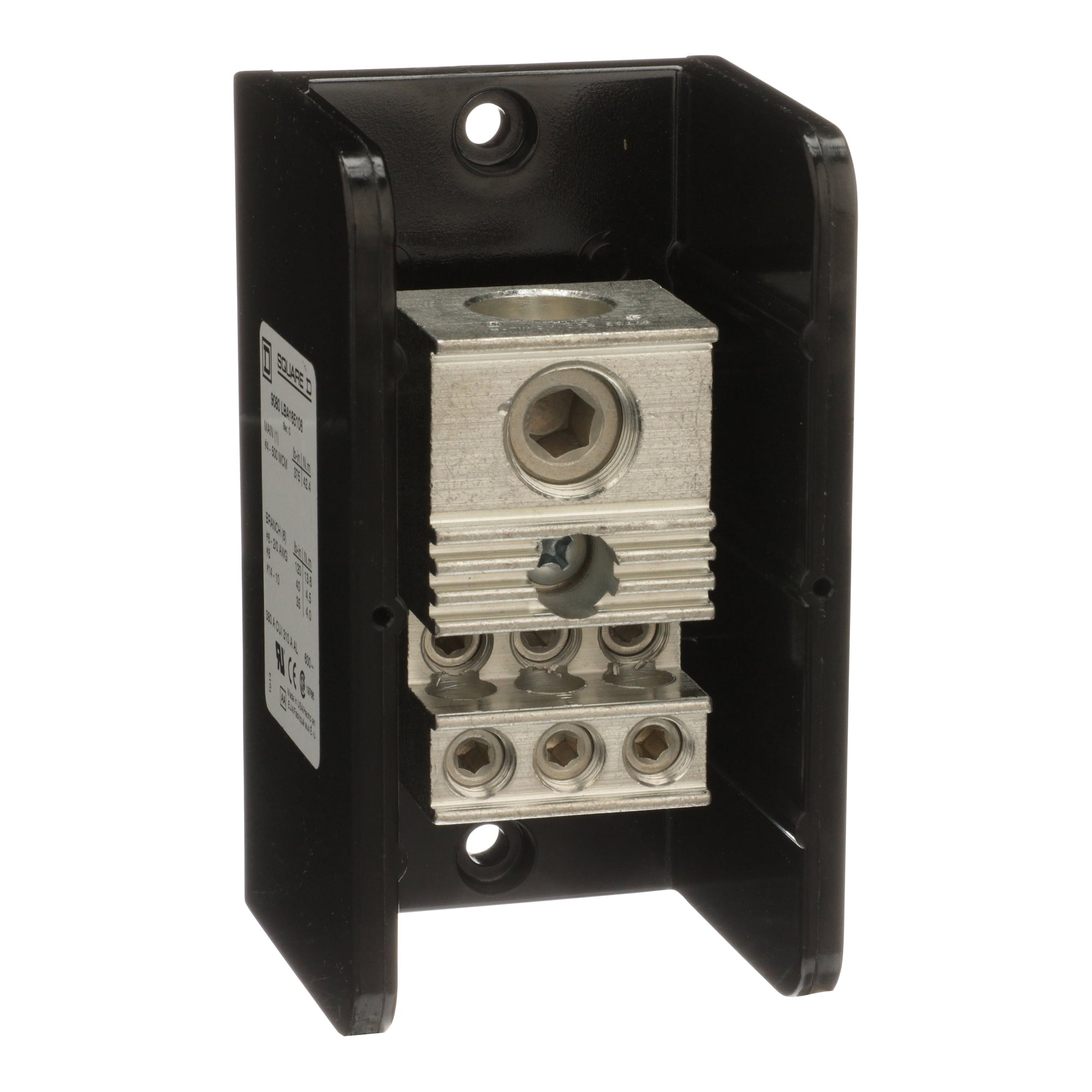 9080LBA165106 Linergy Power Distribution Block, 600 VAC/VDC, 310/380 A, 1 Poles, 14 to 2/0 AWG, 4 AWG to 500 kcmil Wire, Phenolic