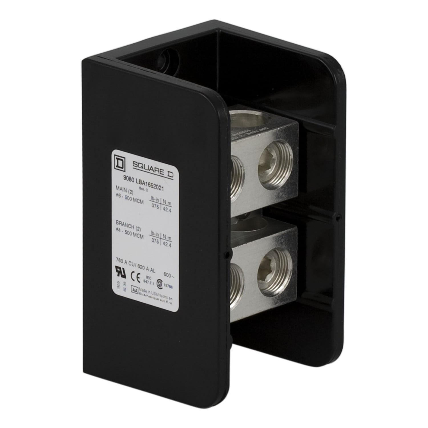 9080LBA165202 TeSys Linergy General Purpose Linergy Standard Power Distribution Block, 600 V AC/DC, 500/620 A, 1 Poles, 6 AWG to 350 kcmil Al/Cu Wire, Phenolic