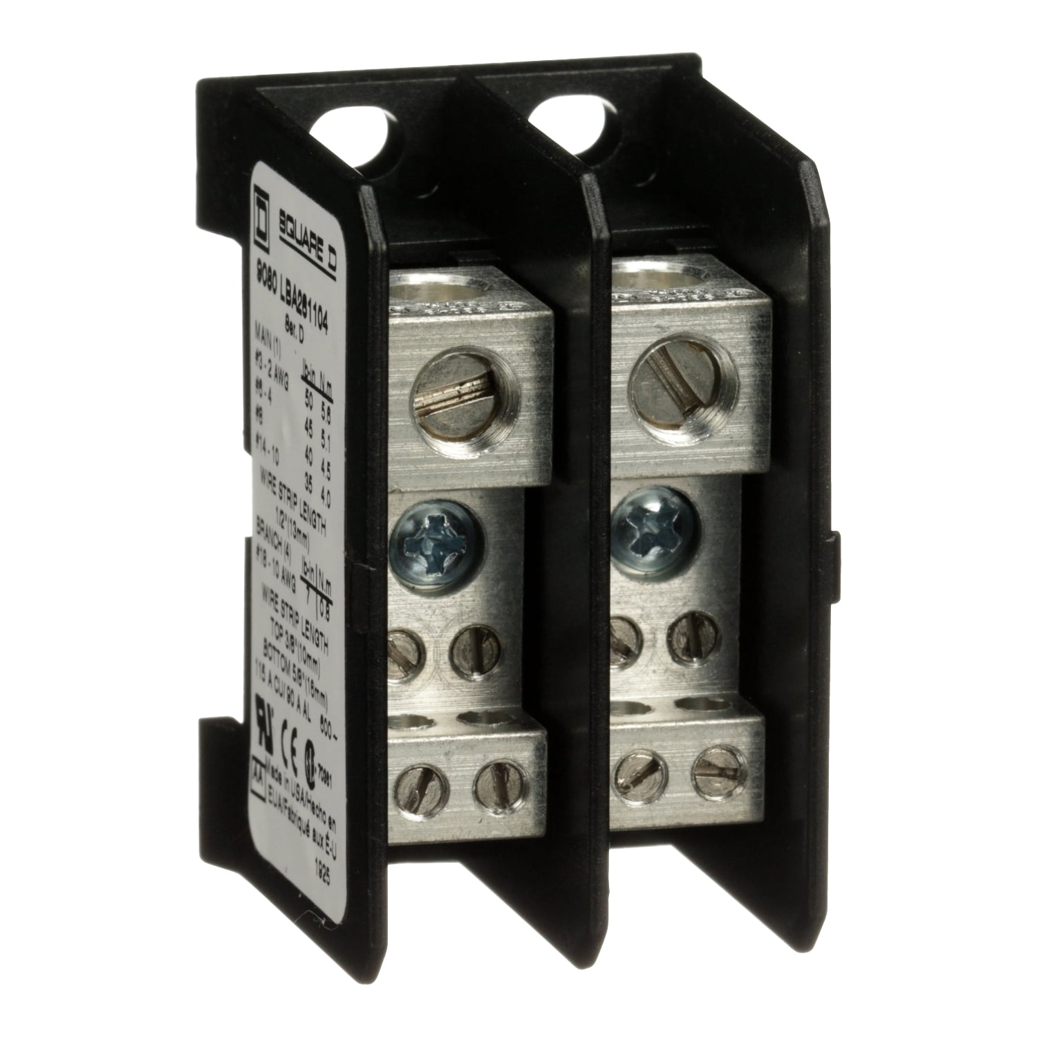 9080LBA261104 TeSys Linergy High Impact Linergy Miniature Multi-Pole Power Distribution Block, 600 V AC/DC, 90/115 A, 2 Poles, (1) 14 to 2 AWG, (4) 18 to 10 AWG Wire, Thermoplastic