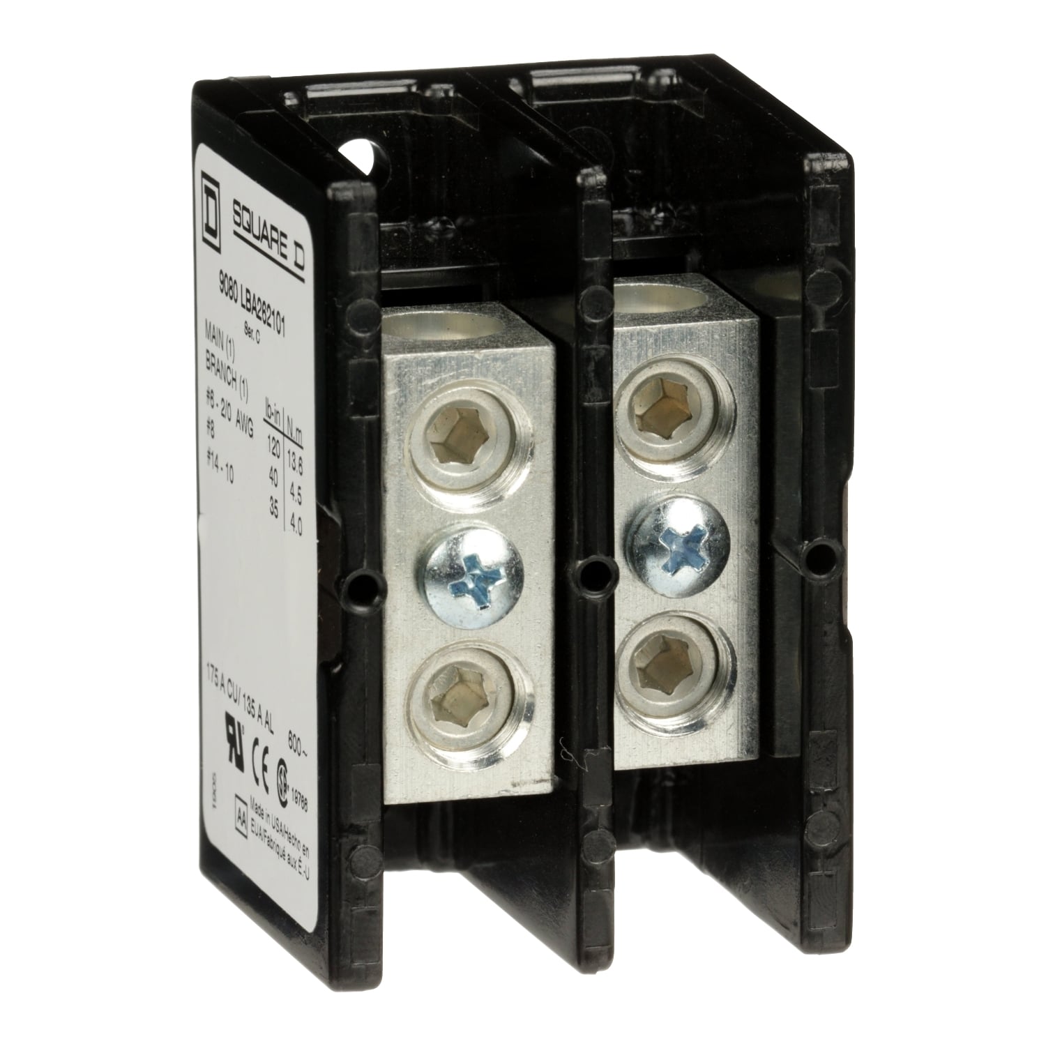 9080LBA262101 Linergy Standard Multi-Pole Power Distribution Block, 600 V AC/DC, 135/175 A, 2 Poles, 14 to 2/0 AWG Wire, Phenolic