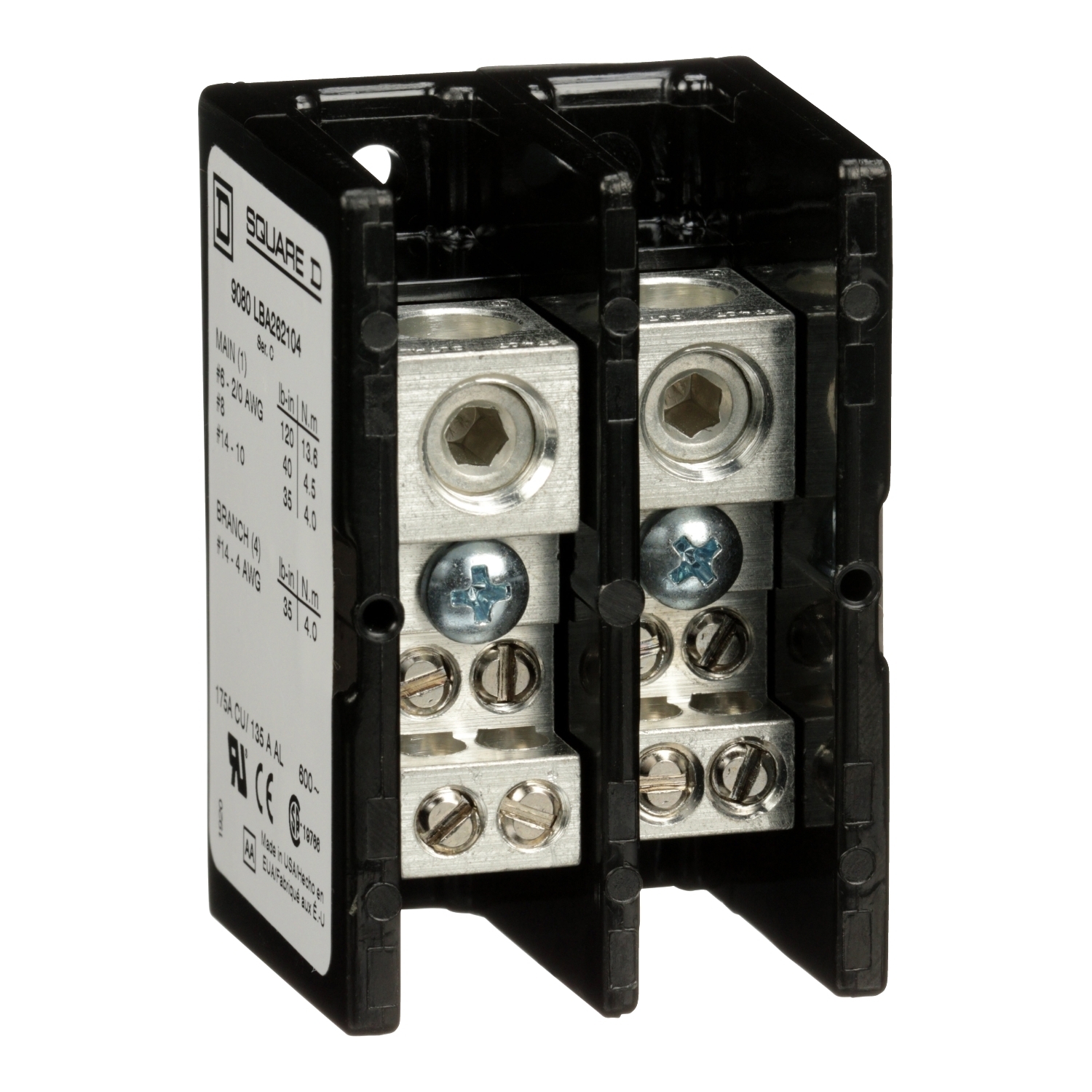 9080LBA262104 TeSys Linergy General Purpose Linergy Standard Multi-Pole Power Distribution Block, 600 V AC/DC, 135/175 A, 2 Poles, (1) 14 to 2/0 AWG, (4) 14 to 4 AWG Wire, Phenolic