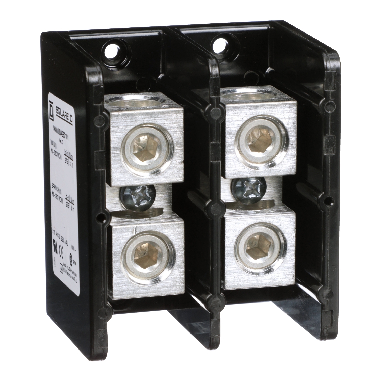9080LBA263101 Multi-Pole Distribution Block, 600 V AC/DC, 250/310 A, 2 Poles, 6 AWG to 350 kcmil Al/Cu Wire, Phenolic