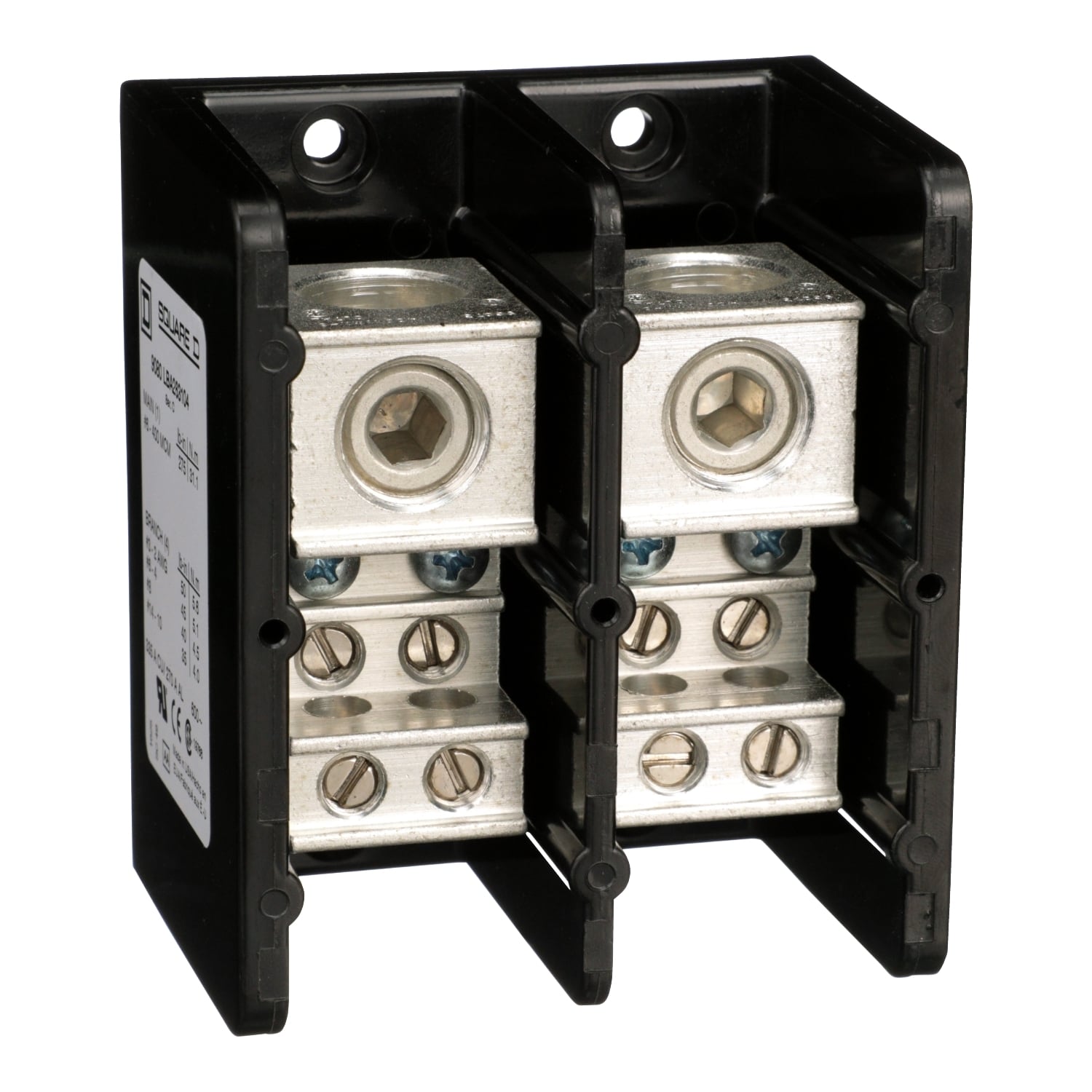 9080LBA263104 TeSys General Purpose Standard Multi-Pole Distribution Block, 600 V AC/DC, 335/270 A, 2 Poles, 6 AWG to 400 kcmil Al/Cu, 14 to 2 AWG Al/Cu Wire, Phenolic