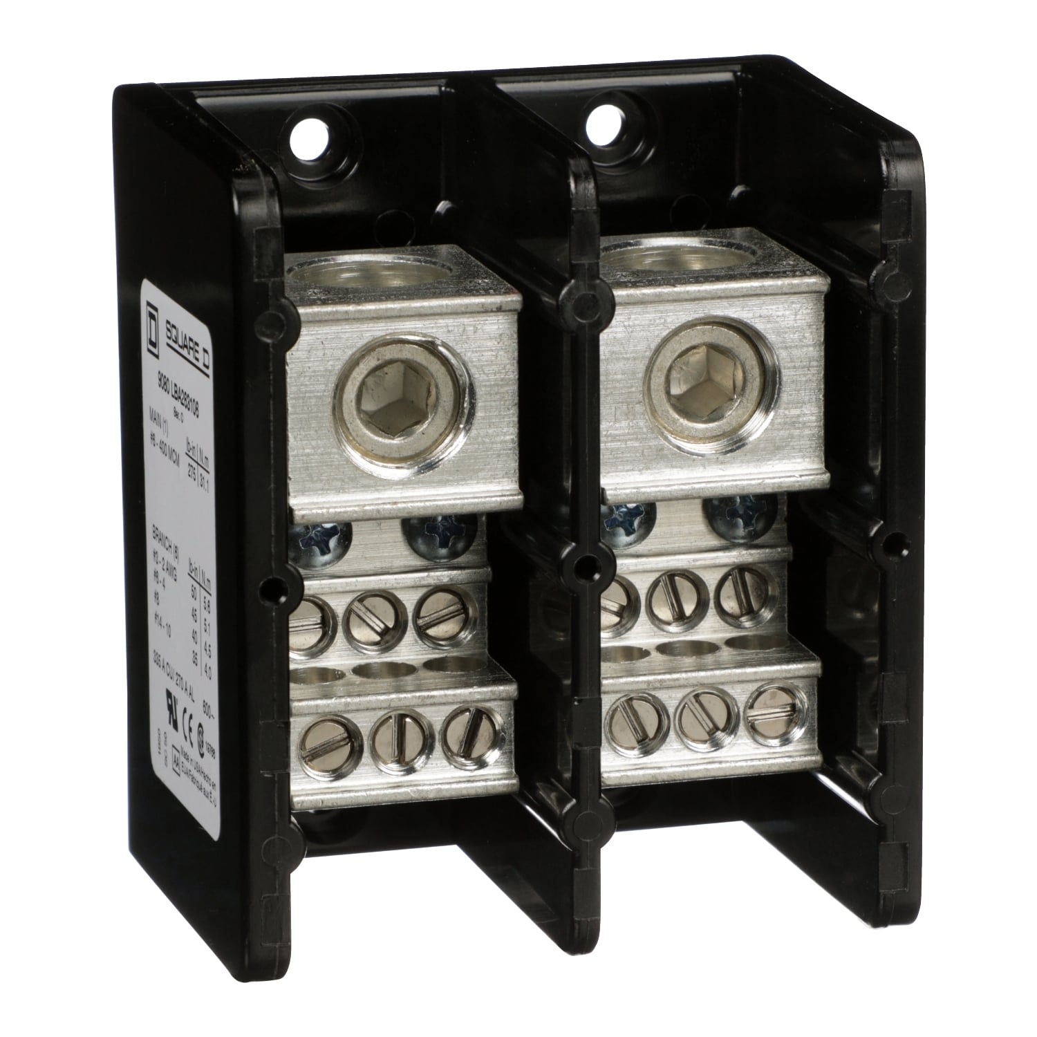 9080LBA263106 Linergy Multi-Pole Power Distribution Block, 600 V AC/DC, 270/335 A, 2 Poles, 6 AWG to 400 kcmil Al/Cu, 14 to 2 AWG Al/Cu Wire, Phenolic