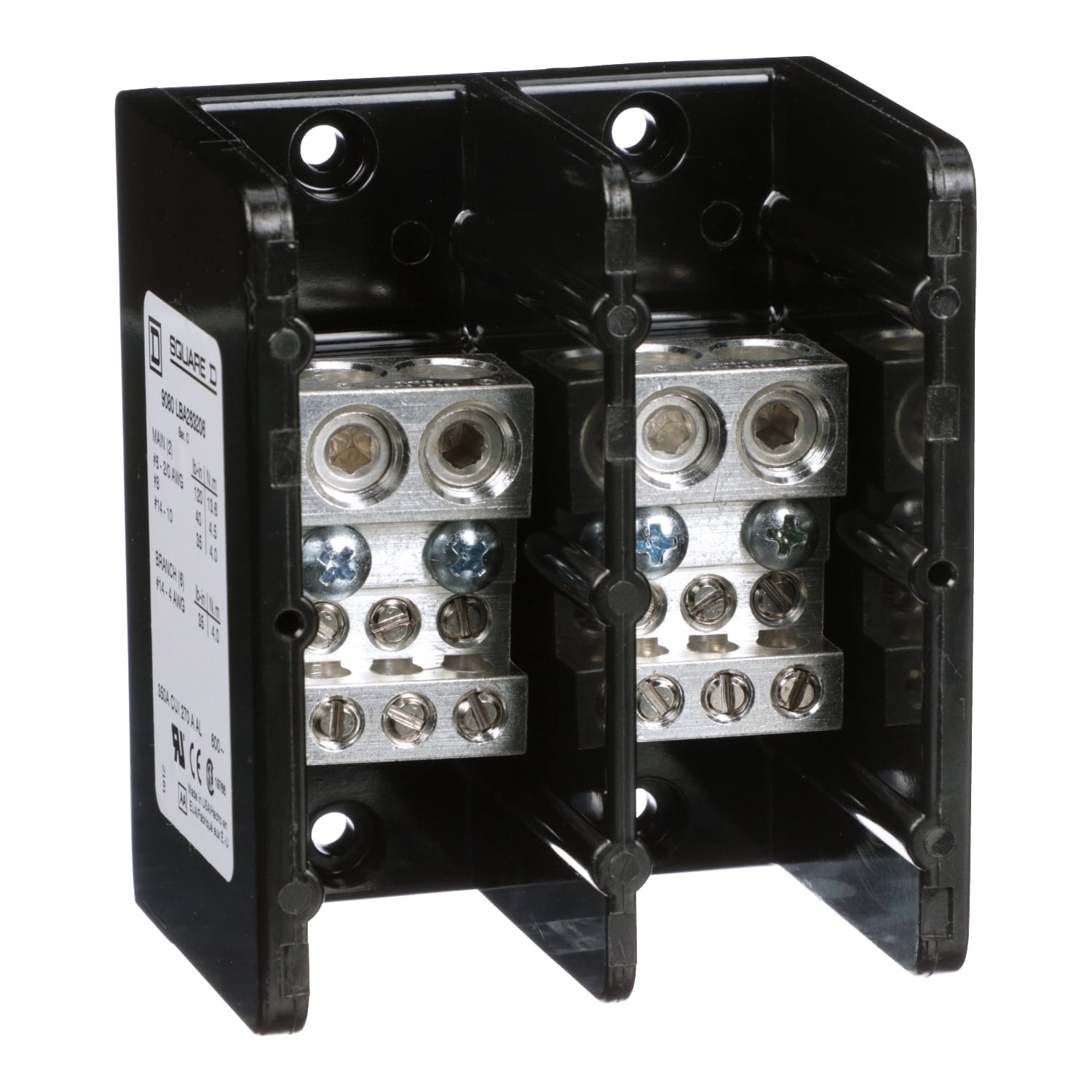 9080LBA263206 TeSys Linergy General Purpose Linergy Standard Multi-Pole Power Distribution Block, 600 V AC/DC, 270/350 A, 2 Poles, (2) 14 to 2/0 AWG, (6) 14 to 4 AWG Wire, Phenolic