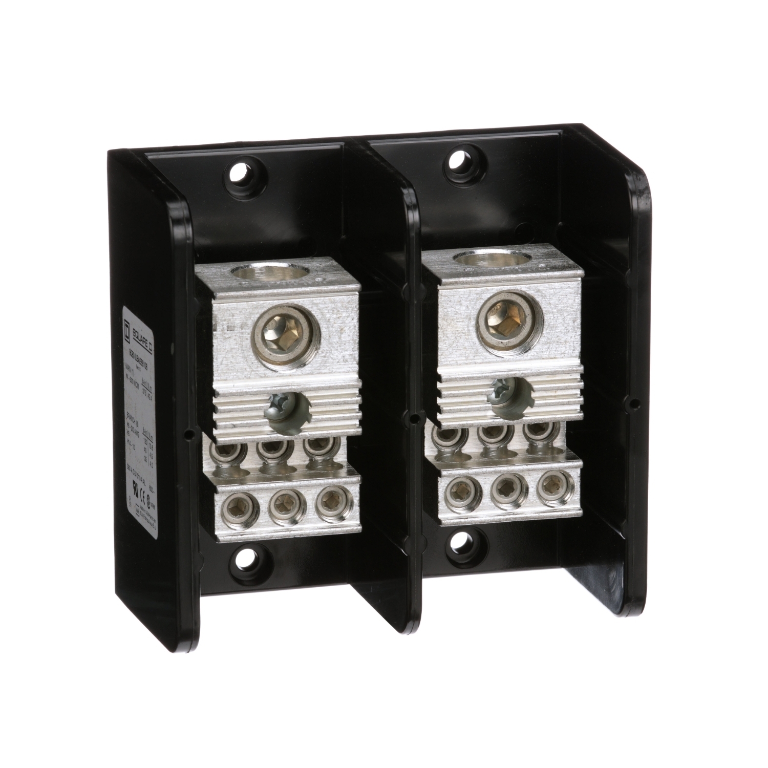 9080LBA265106 Multi-Pole Distribution Block, 600 V AC/DC, 310/380 A, 2 Poles, 4 AWG to 500 kcmil Al/Cu, 14 to 2/0 AWG Al/Cu Wire, Phenolic