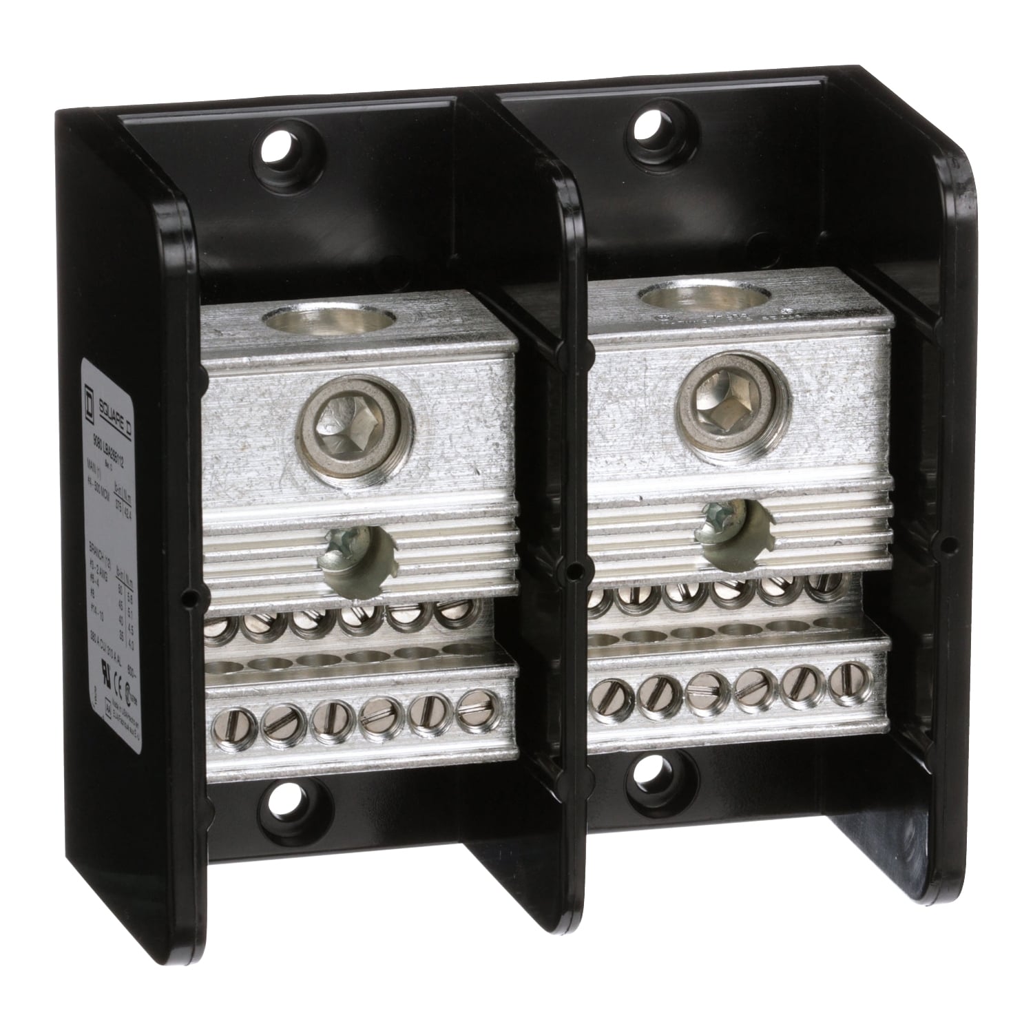 9080LBA265112 Linergy Multi-Pole Power Distribution Block, 600 V AC/DC, 310/380 A, 2 Poles, 14 to 2 AWG, 4 AWG to 500 kcmil Wire, Phenolic