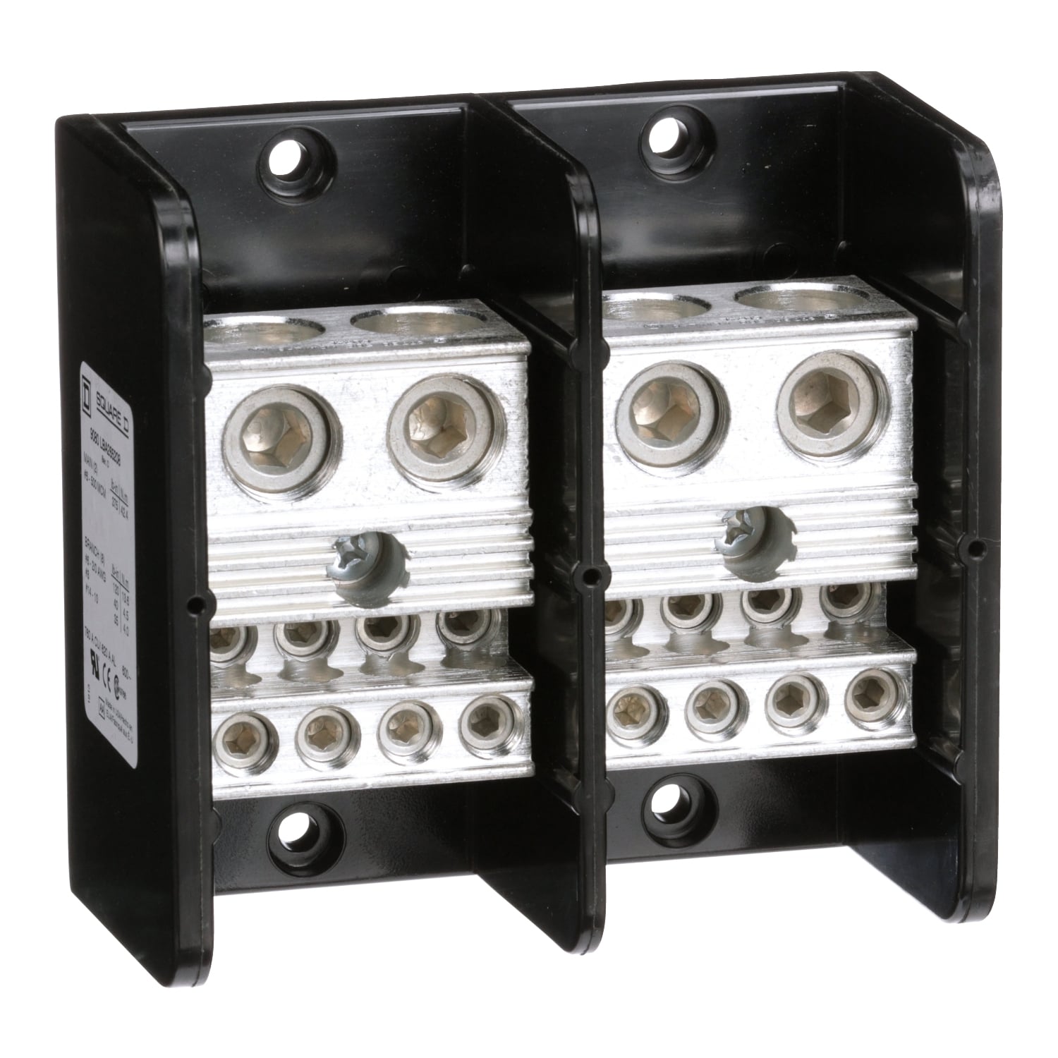 9080LBA265208 Standard Multi-Pole Distribution Block, 600 V AC/DC, 760/620 A, 2 Poles, 4 AWG to 500 kcmil, 14 to 2/0 AWG Al/Cu Wire, Phenolic