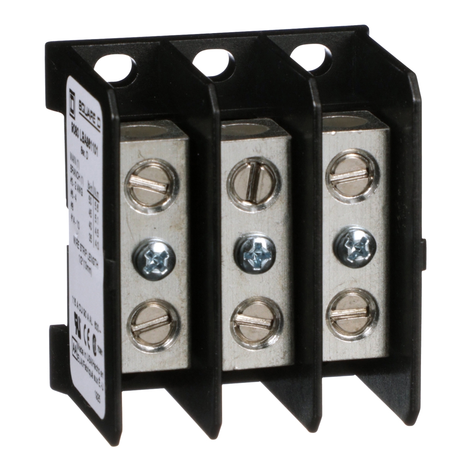 9080LBA361101 TeSys Linergy Linergy Miniature Multi-Pole Power Distribution Block, 600 V AC/DC, 90/115 A, 3 Poles, 14 to 2 AWG Wire, Thermoplastic