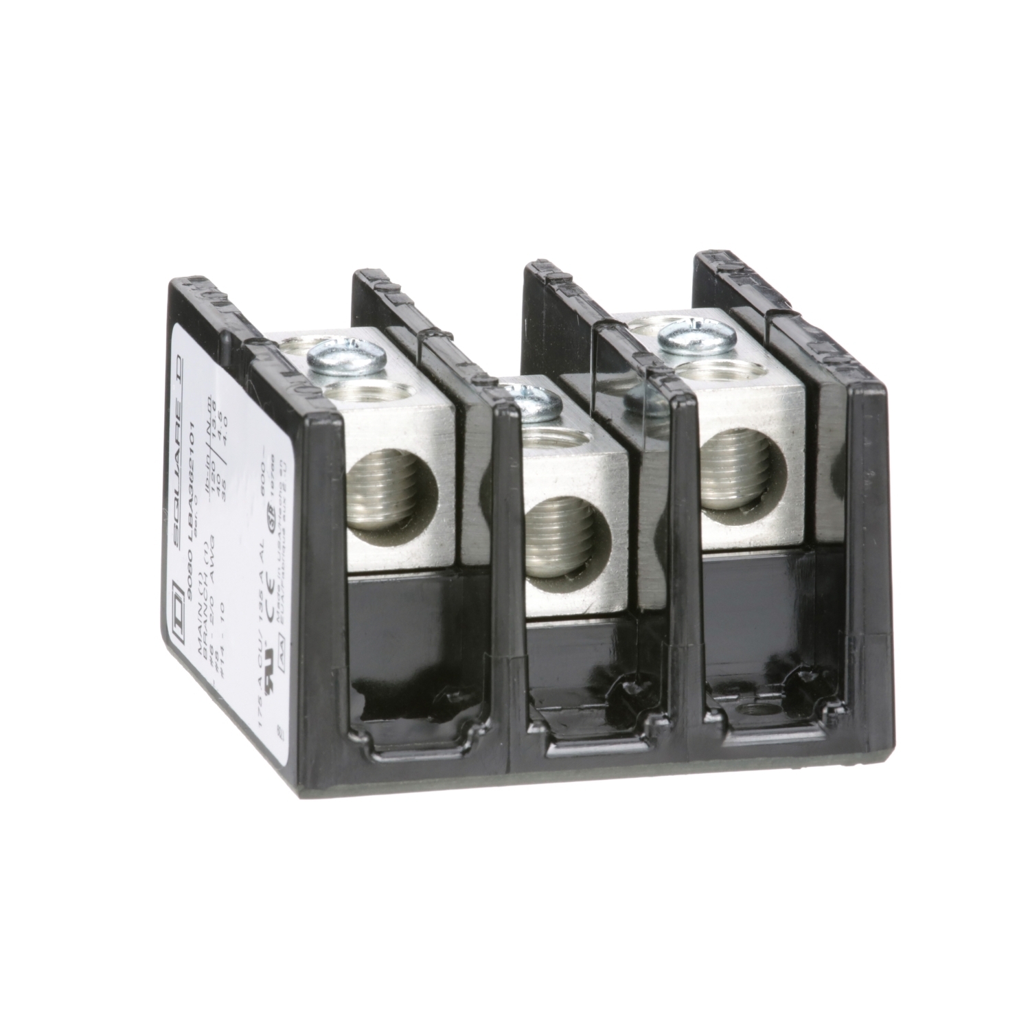 9080LBA362101 TeSys Standard Multi-Pole Power Distribution Block, 600 V AC/DC, 135/175 A, 3 Poles, 14 to 2/0 AWG Wire, Phenolic