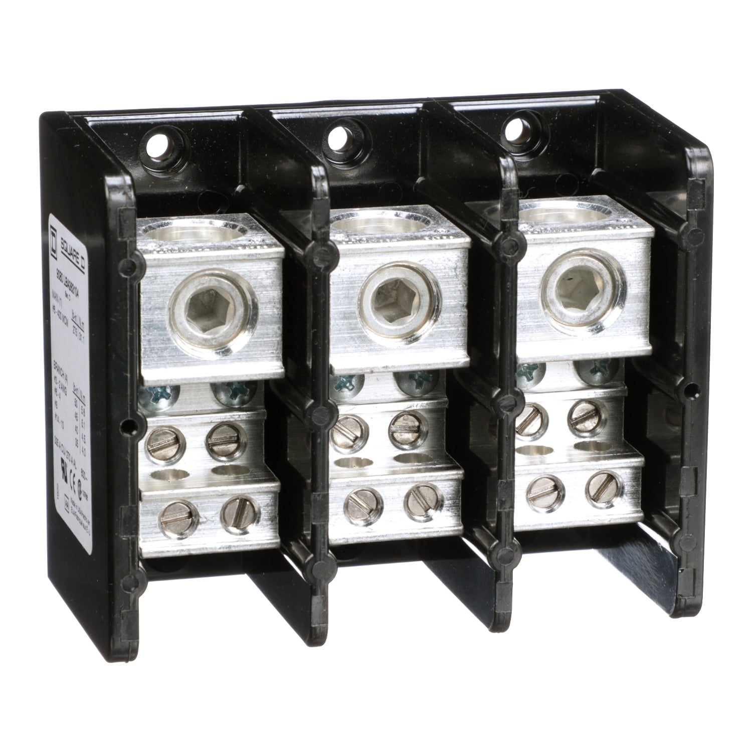 9080LBA363104 TeSys Linergy Linergy Standard Multi-Pole Power Distribution Block, 600 V AC/DC, 270/335 A, 3 Poles, 6 AWG to 400 kcmil, 14 to 2 AWG Wire, Phenolic