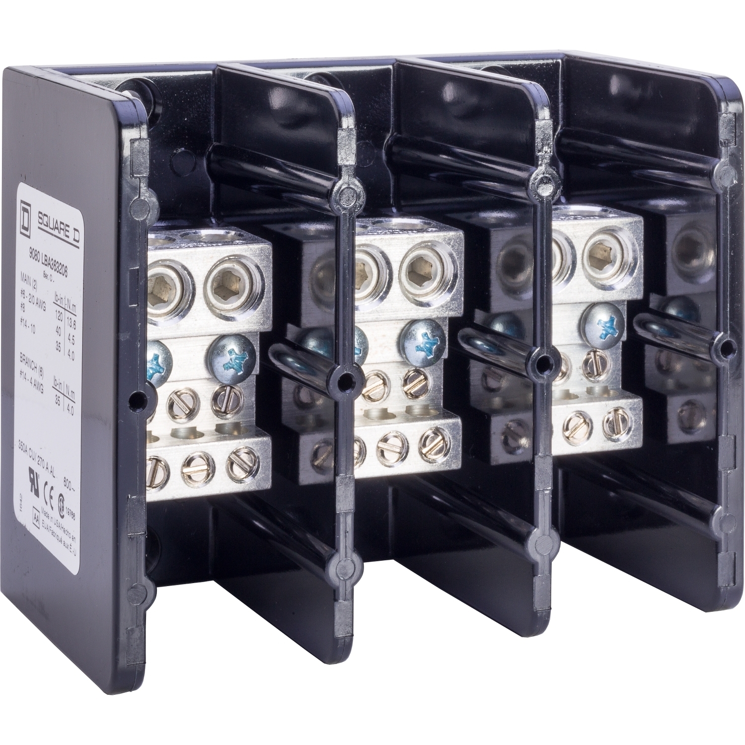 9080LBA363206 TeSys Linergy General Purpose Linergy Standard Multi-Pole Power Distribution Block, 600 V AC/DC, 270/350 A, 3 Poles, (2) 14 to 2/0 AWG, (6) 14 to 4 AWG Wire, Phenolic