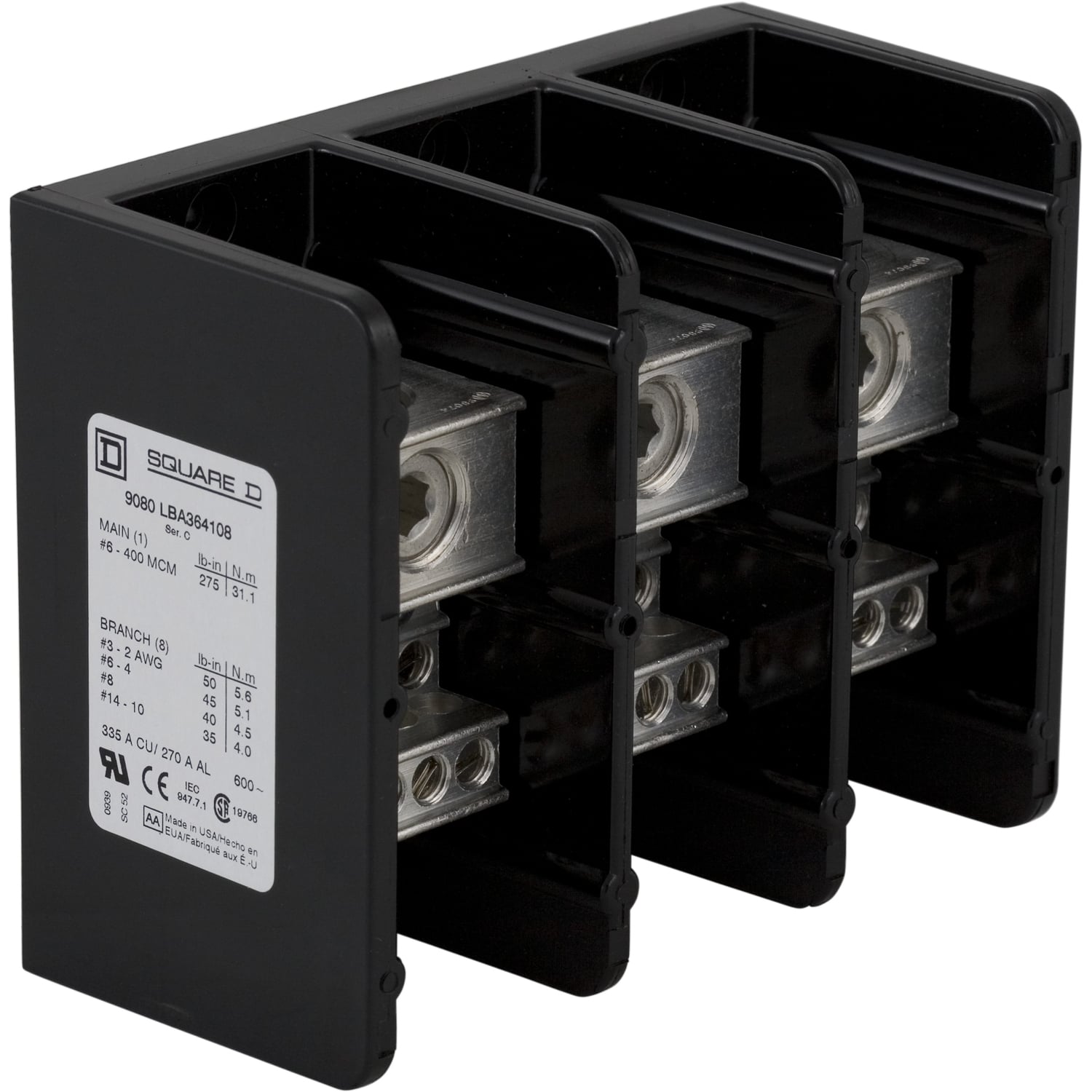 9080LBA364108 TeSys Linergy General Purpose Linergy Standard Multi-Pole Power Distribution Block, 600 V AC/DC, 270/335 A, 3 Poles, (1) 4 AWG to 600 kcmil, (8) 14 to 2 AWG Wire, Phenolic