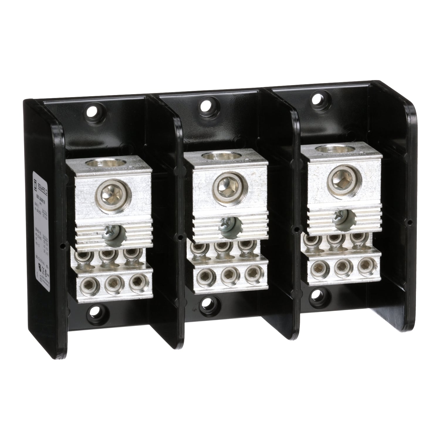 9080LBA365106 Linergy Multi-Pole Power Distribution Block, 600 V AC/DC, 310/380 A, 3 Poles, 14 to 2/0 AWG, 4 AWG to 500 kcmil Wire, Phenolic