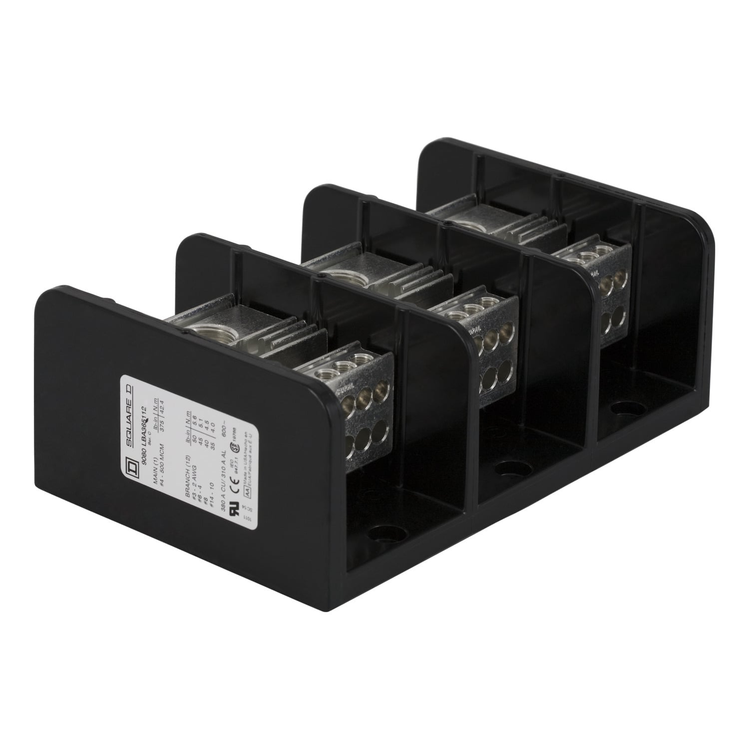 9080LBA365112 TeSys Linergy Linergy Standard Multi-Pole Power Distribution Block, 600 V AC/DC, 310/380 A, 3 Poles, 4 AWG to 500 kcmil, 14 to 2 AWG Wire, Phenolic