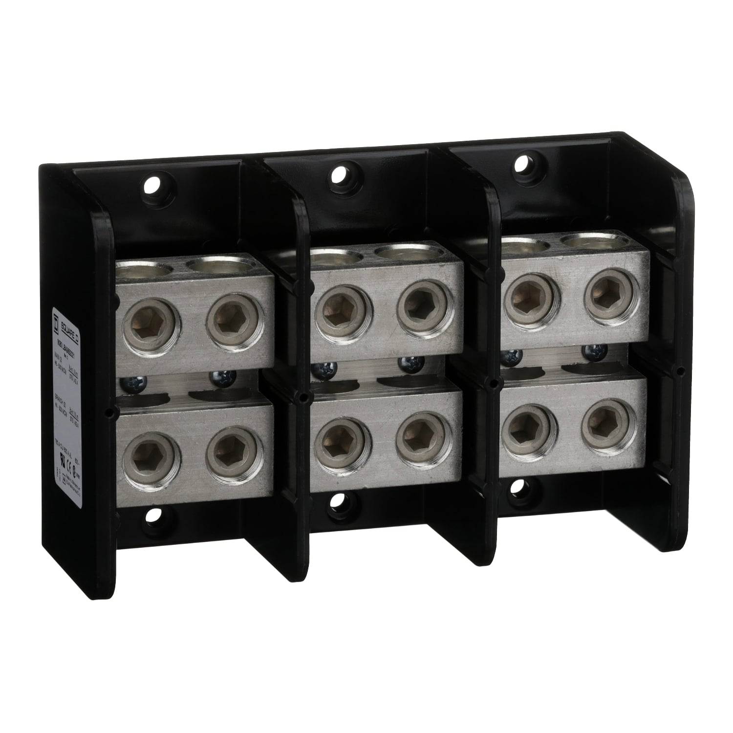 9080LBA3652021 TeSys Linergy General Purpose Linergy Standard Multi-Pole Power Distribution Block, 600 V AC/DC, 620/760 A, 3 Poles, (2) 4 AWG to 500 kcmil Wire, Phenolic