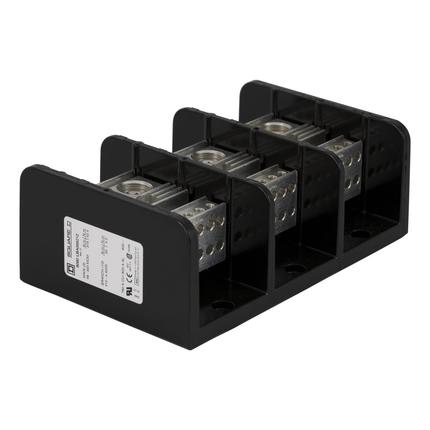 9080LBA365212 TeSys Linergy General Purpose Linergy Standard Multi-Pole Power Distribution Block, 600 V AC/DC, 620/760 A, 3 Poles, (2) 4 AWG to 500 kcmil, (12) 14 to 4 AWG Wire, Phenolic