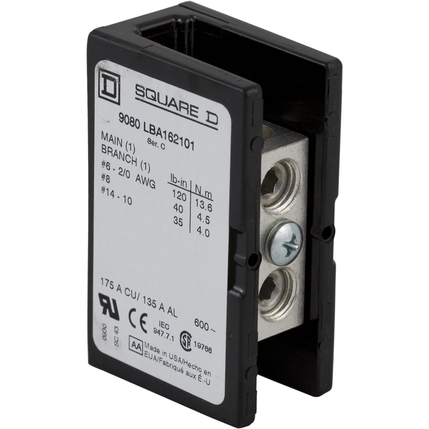 9080LBC162101 Power Distribution Block, 600 V AC/VDC, 150 A, 1 Pole, 18 to 1/0 AWG Wire, Phenolic