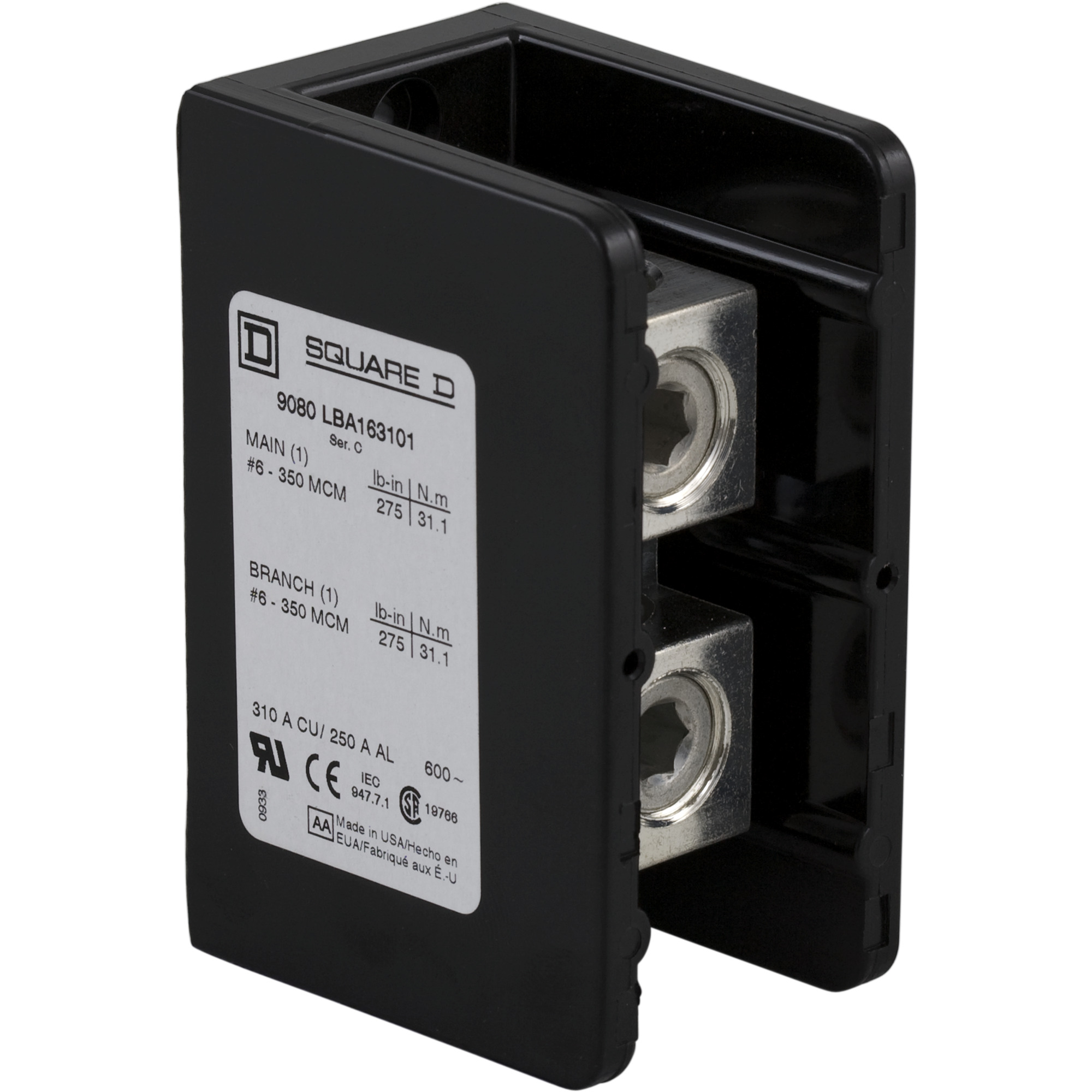 9080LBC163101 Power Distribution Block, 600 V AC, 255 A, 1 Pole, 6 AWG to 250 kcmil Wire, Phenolic