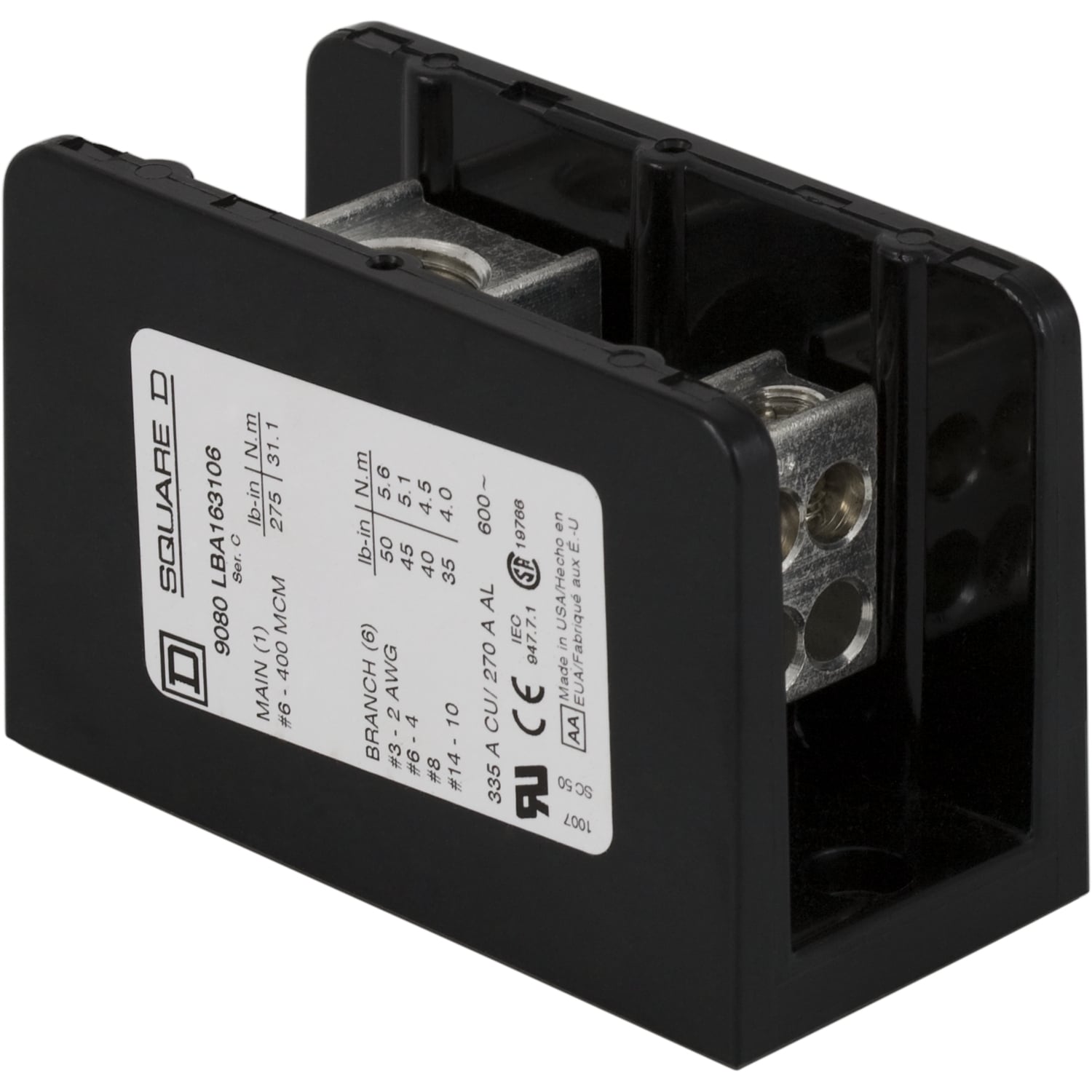 9080LBC163106 Linergy Power Distribution Block, 600 V AC/DC, 380 A, 1 Poles, 4 AWG to 500 kcmil Cu, 14 to 2 AWG Cu Wire, Phenolic