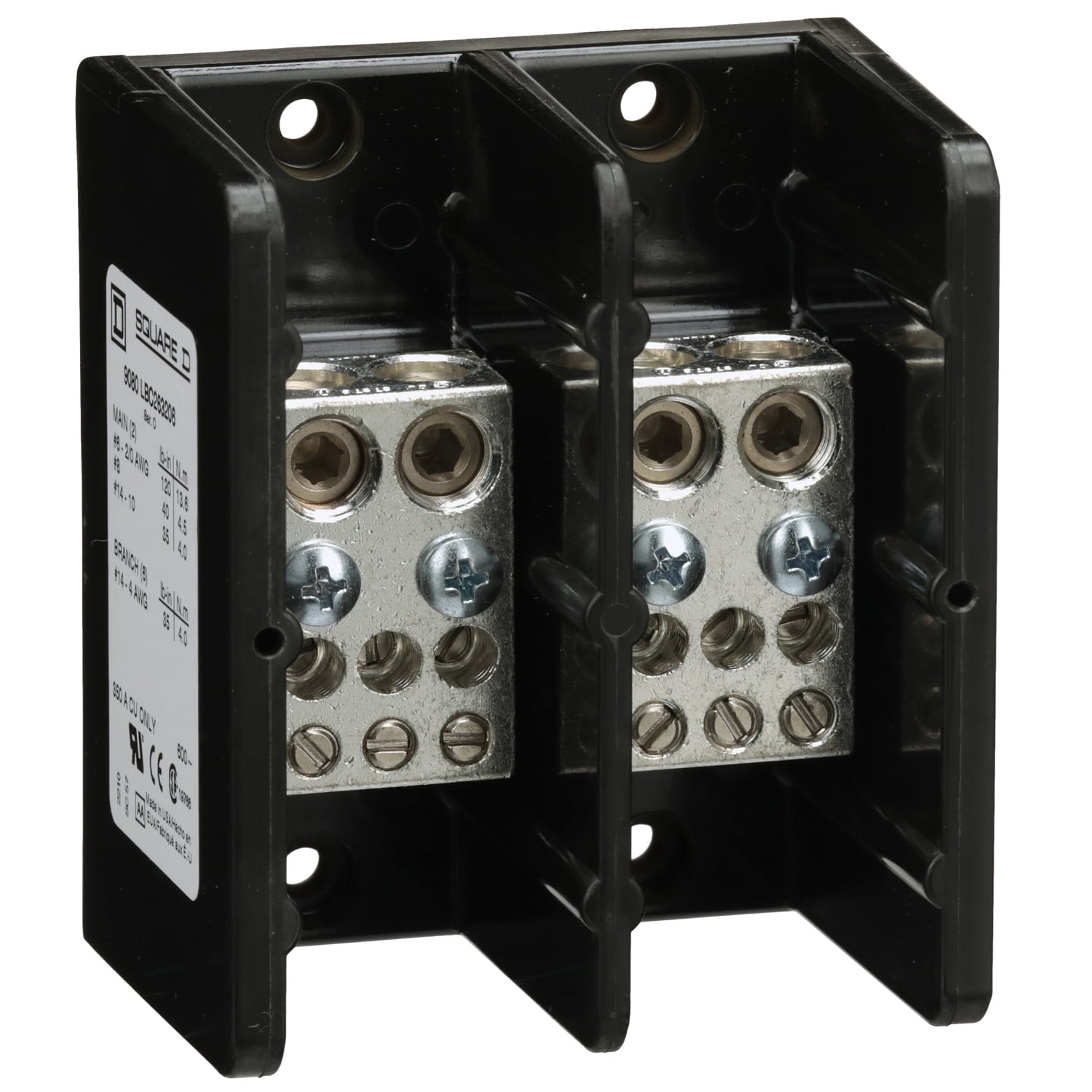 9080LBC263206 Linergy Multi-Pole Power Distribution Block, 600 V AC/DC, 350 A, 2 Poles, 14 to 2/0 AWG, 14 to 4 AWG Al/Cu Wire, Phenolic
