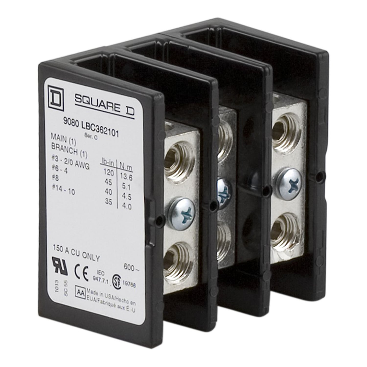 9080LBC362101 Linergy Multi-Pole Power Distribution Block, 600 V AC/DC, 150 A, 3 Poles, 18 to 1/0 AWG Al/Cu Wire, Phenolic