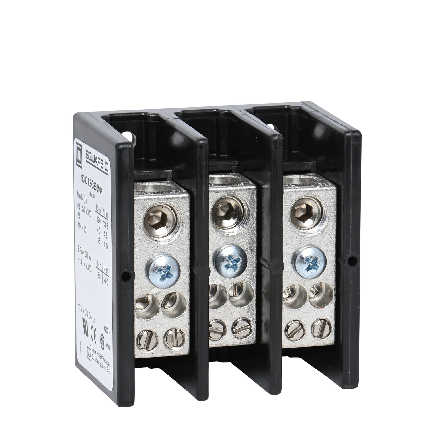 9080LBC362104 TeSys Linergy General Purpose Linergy Standard Multi-Pole Power Distribution Block, 600 V AC/DC, 175 A, 3 Poles, (1) 14 to 2/0 AWG, (4) 14 to 4 AWG Wire, Phenolic