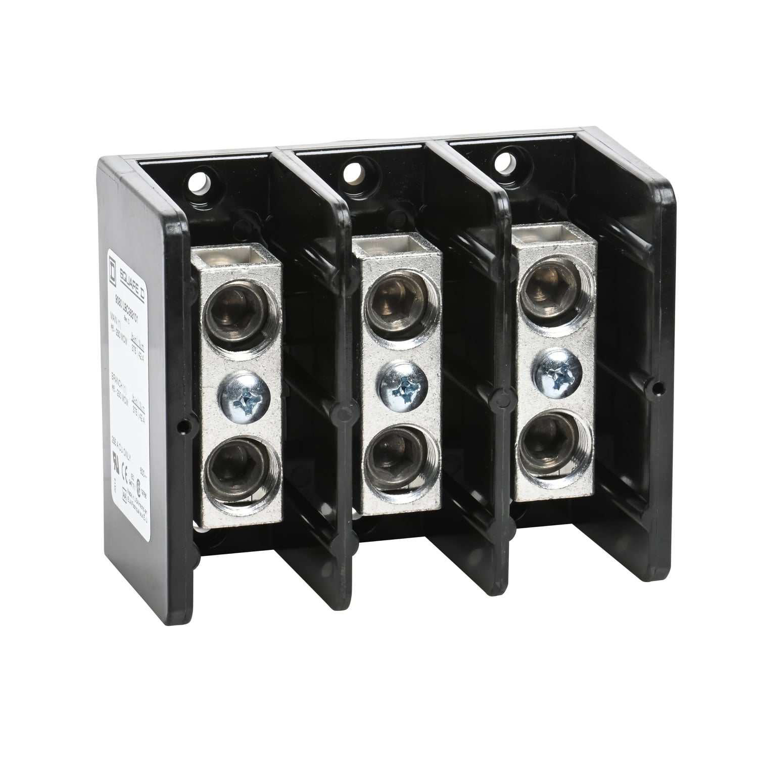 9080LBC363101 Linergy Multi-Pole Power Distribution Block, 600 V AC/DC, 255 A, 3 Poles, 6 AWG to 250 kcmil Al/Cu Wire, Phenolic