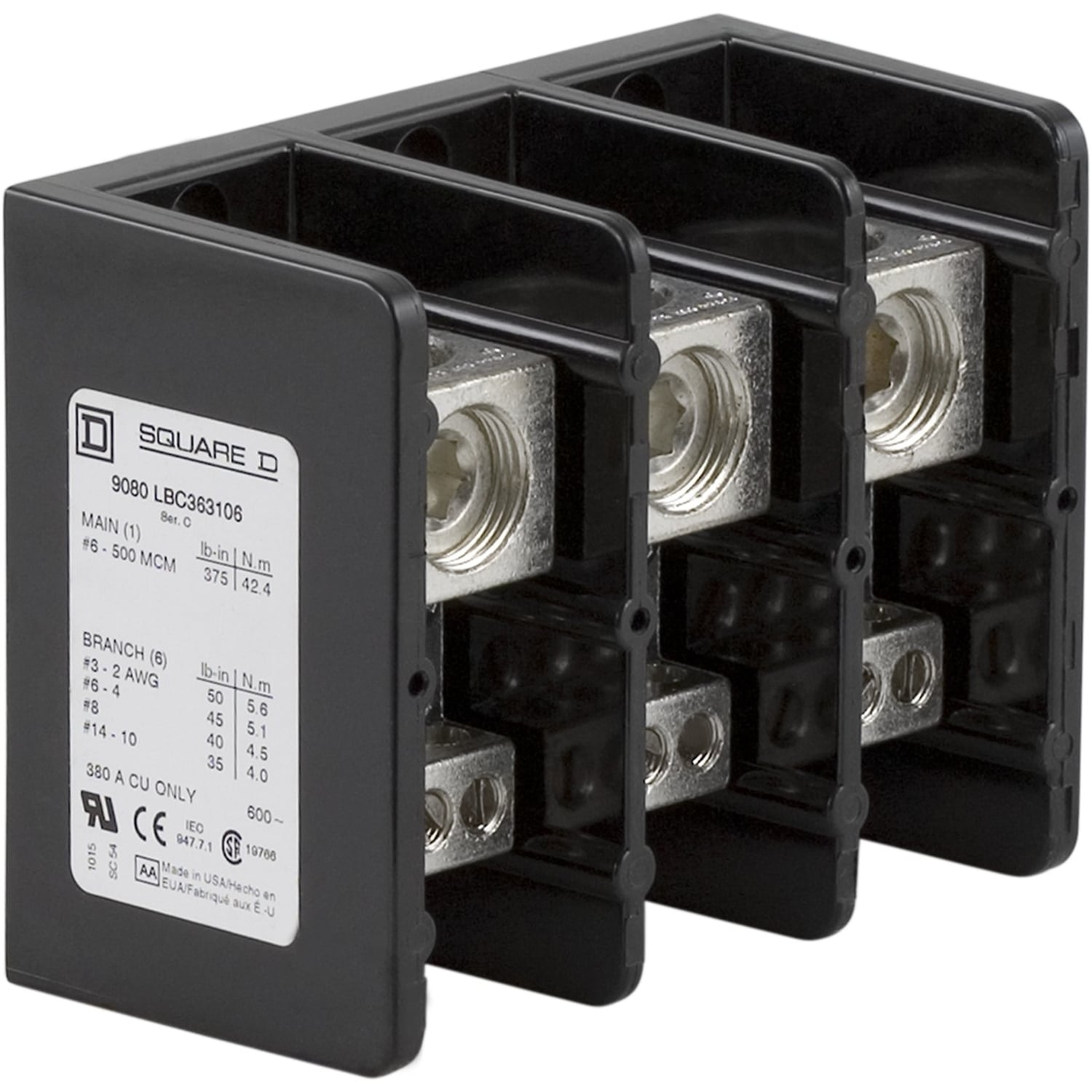 9080LBC363106 Linergy Multi-Pole Power Distribution Block, 600 V AC/DC, 380 A, 3 Poles, 14 to 2 AWG, 4 AWG to 500 kcmil Wire, Phenolic